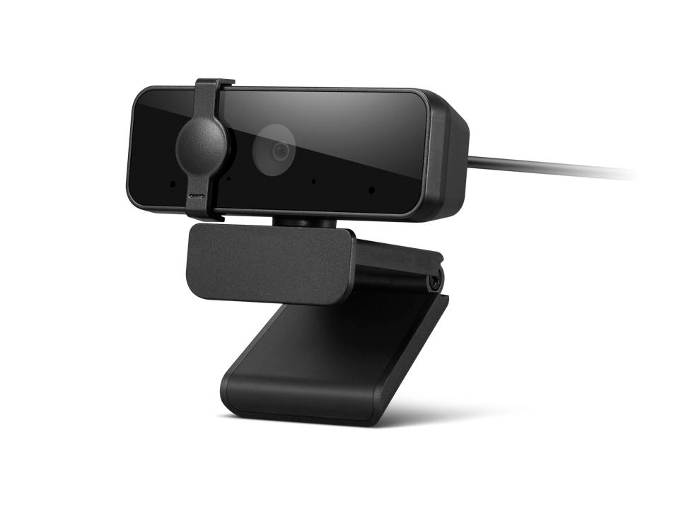Eine schwarze Webcam mit eingebautem Mikrofon. Sie hat eine rechteckige Form, einen schwenkbaren Ständer und ein Kabel. Der Hintergrund ist weiß.