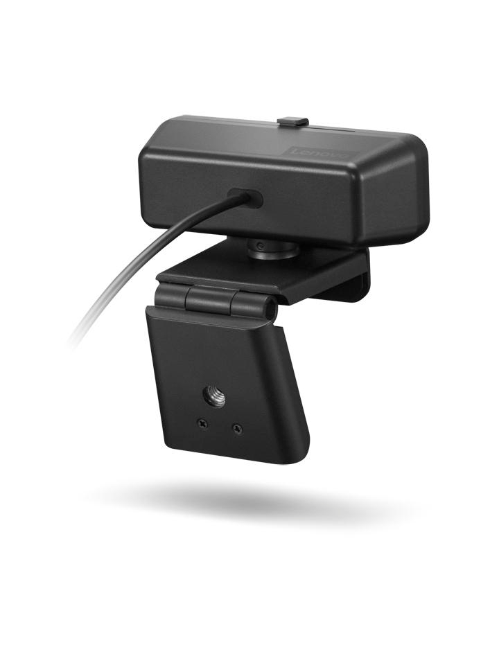 Eine schwarze Lenovo-Webcam. Sie hat einen rechteckigen Körper, einen klappbaren Ständer und ein Kabel. Der Hintergrund ist weiß mit einem Schatten.