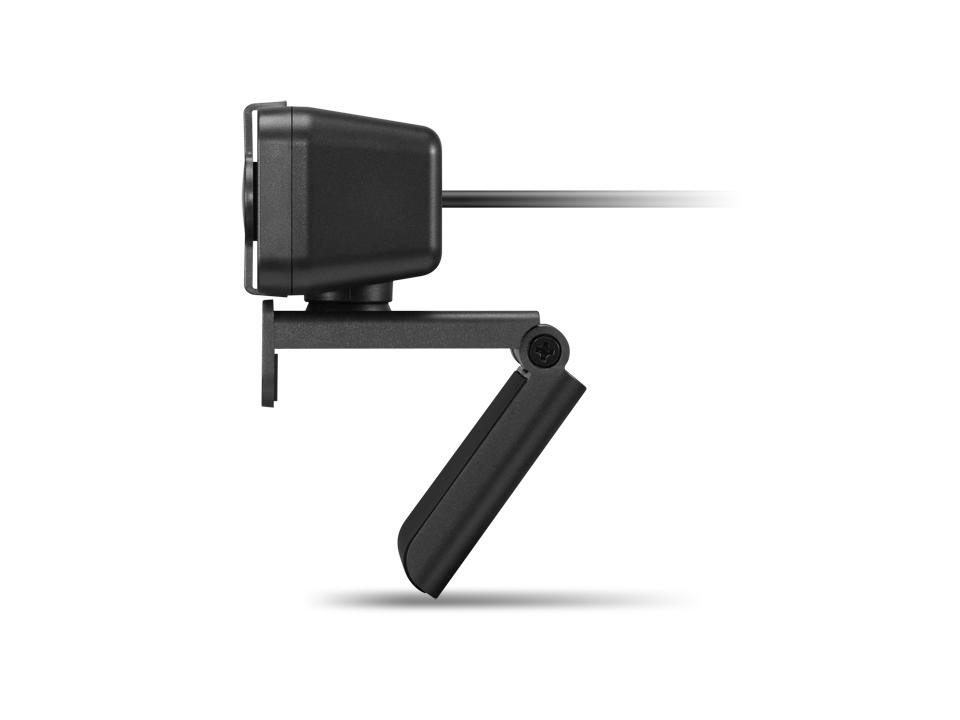 Eine schwarze Webcam, Seitenansicht, auf weißem Hintergrund. Sie hat einen rechteckigen Körper, einen Ständer und einen verstellbaren Arm.