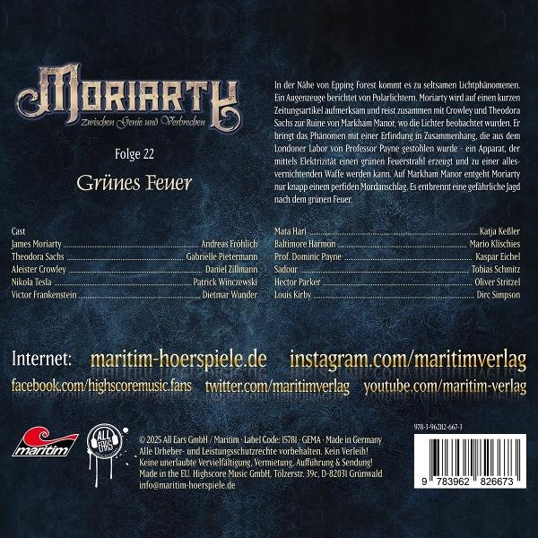 CD-Cover für 'Moriarty' mit Text und Barcode. Enthält Charakternamen, Episodentitel und Firmenlogos.