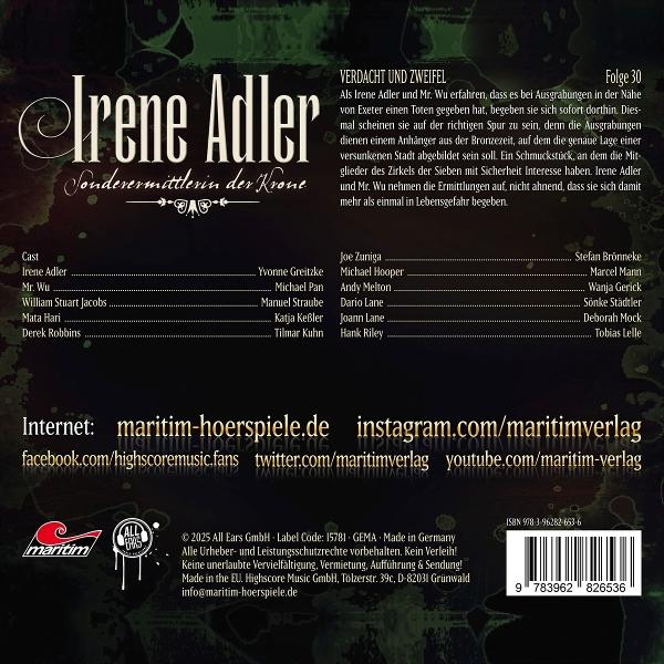 Poster für das Hörspiel 'Irene Adler'. Enthält Titel, Besetzung und Website-Details. Dunkler Hintergrund mit Text in Weiß und Gold.