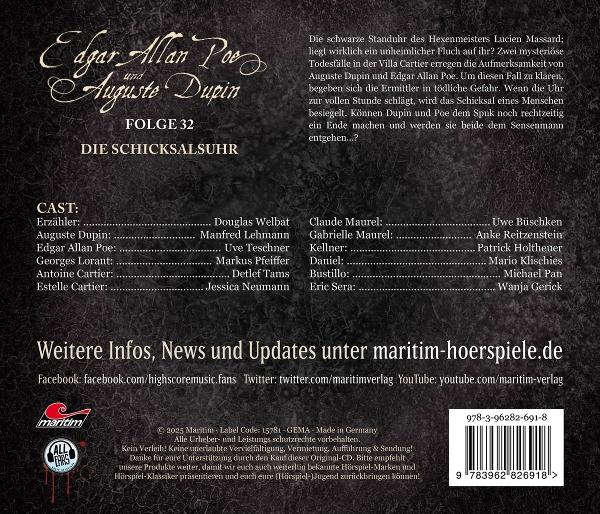 Schwarzer Hintergrund mit Text in Weiß und Gold, Werbung für ein Hörspiel. Besetzungsliste und Website-Details.