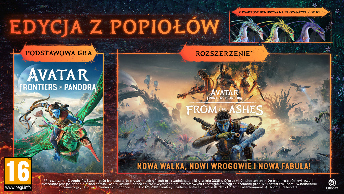 Okładka gry Avatar: Frontiers of Pandora. Na'vi dosiada skrzydlate stworzenie. Okładka zawiera tekst w języku polskim.