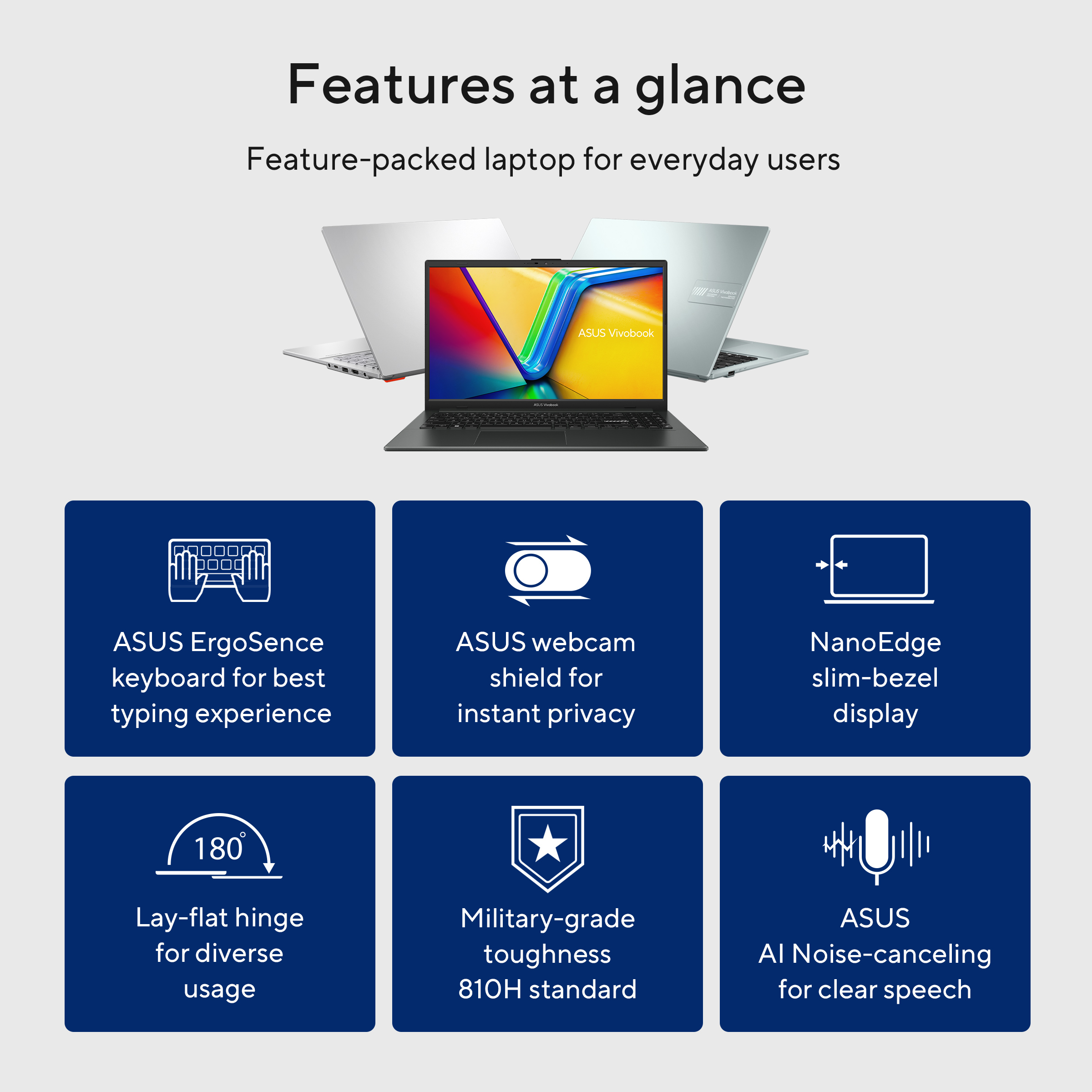 Image shows a laptop with key features: ErgoSense keyboard, webcam shield, slim display, 180° hinge, and noise canceling.