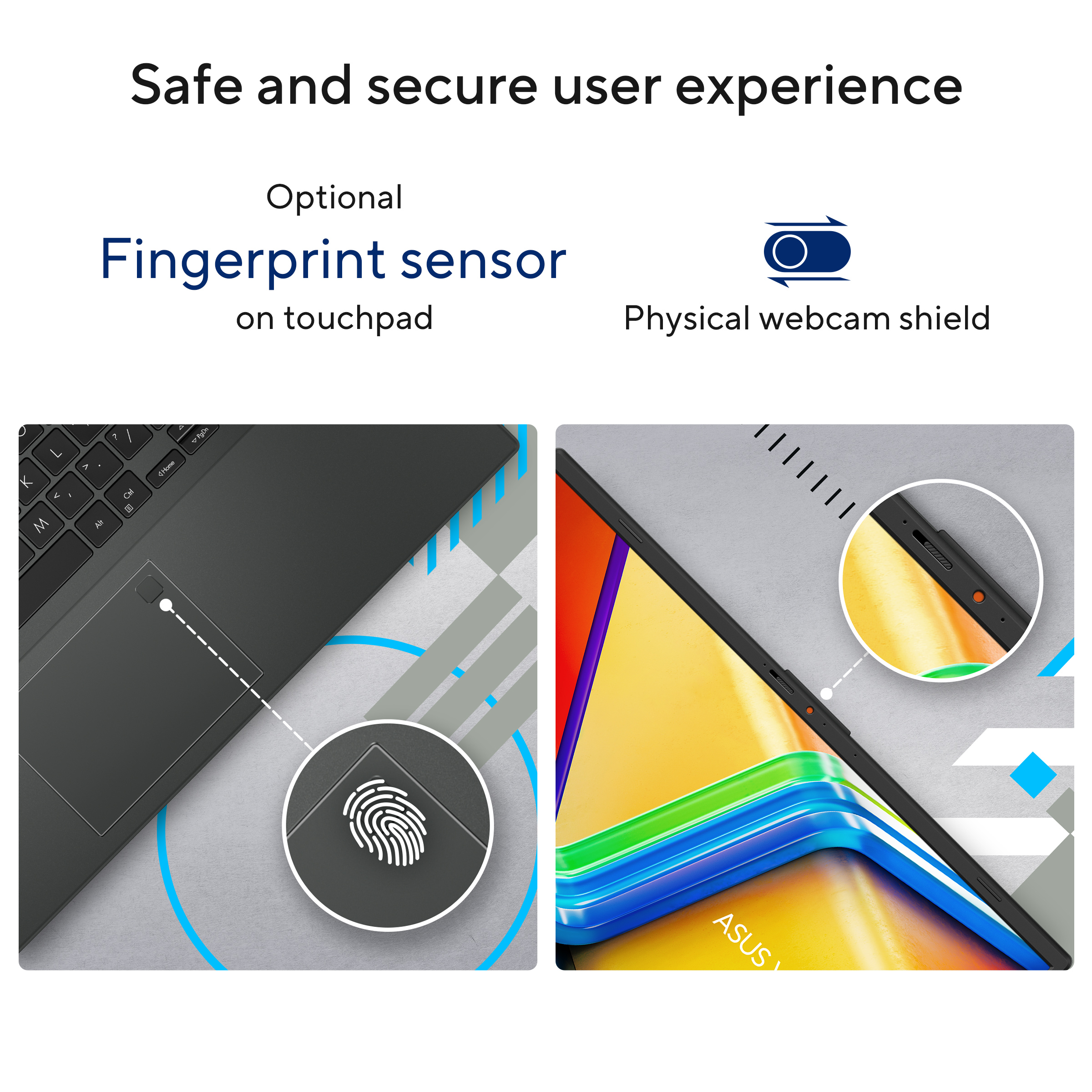 Image shows a laptop touchpad with a fingerprint sensor and a laptop screen with a webcam shield.