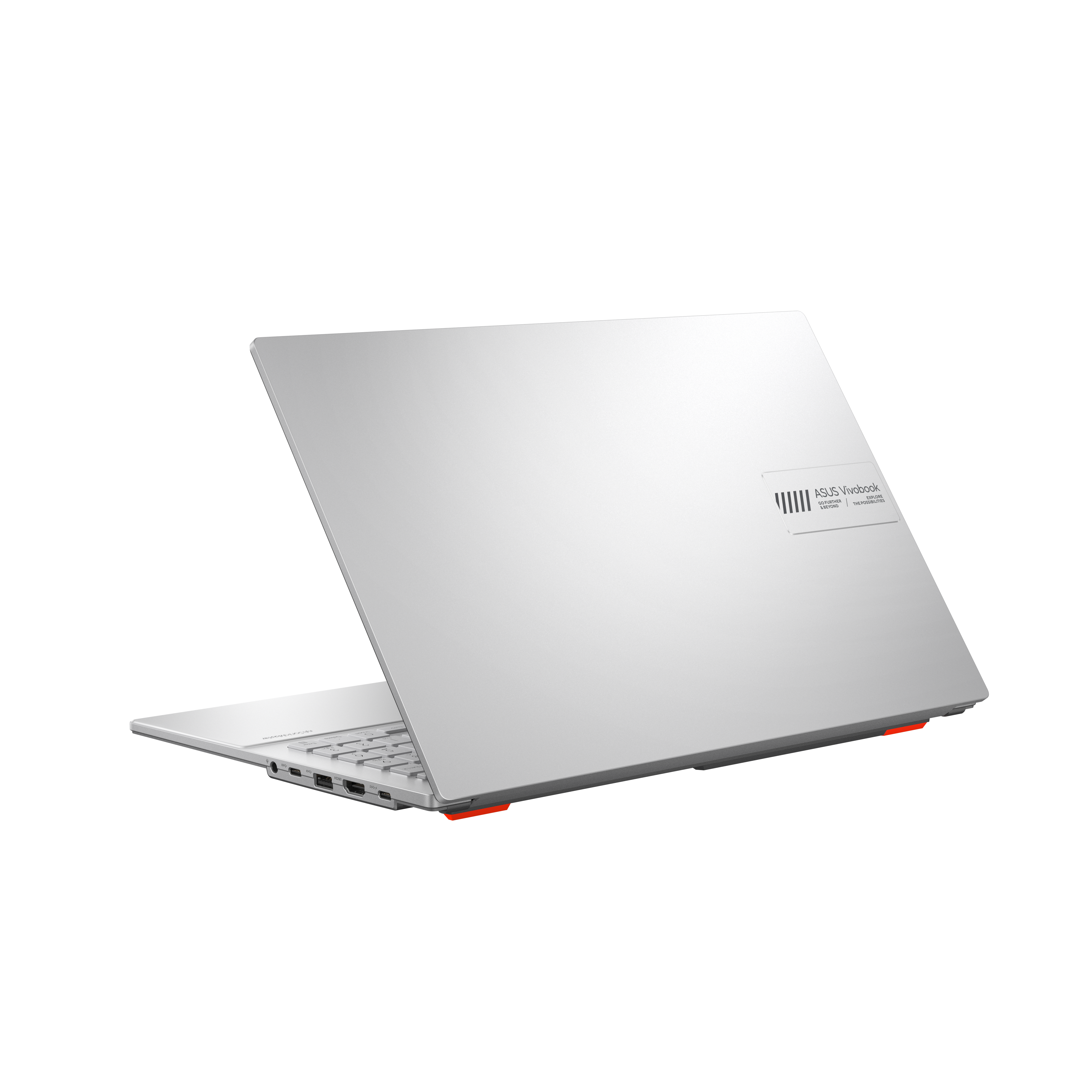 Silver laptop, rear view, with orange accents. ASUS Vivobook logo visible. Display open, keyboard visible.