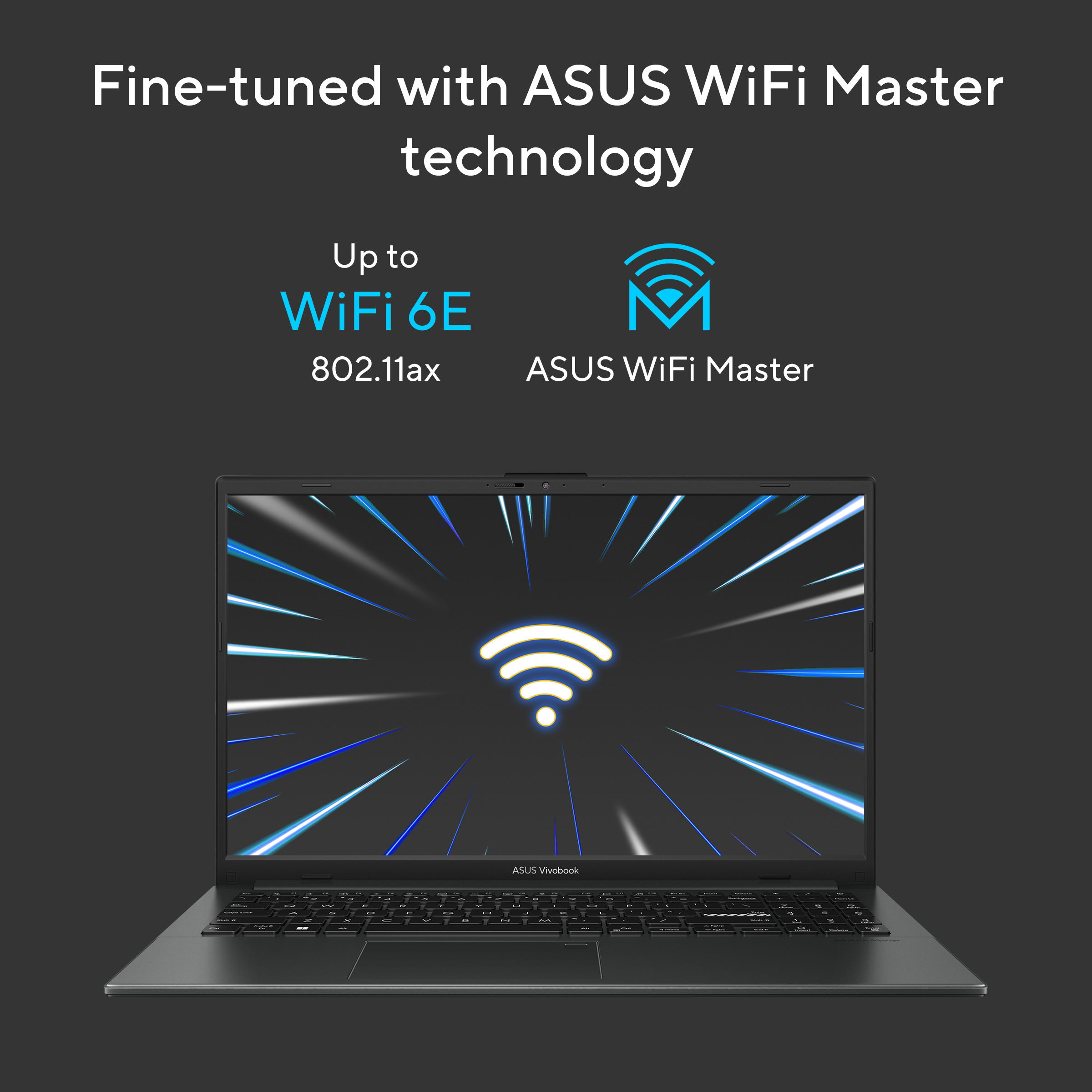 Laptop with a glowing WiFi symbol. Text reads WiFi 6E and ASUS WiFi Master. Dark background.