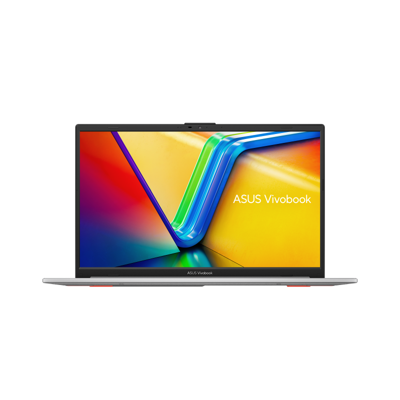 An ASUS Vivobook laptop is open, displaying a colorful graphic. The laptop is silver with a black screen border, on a black background.