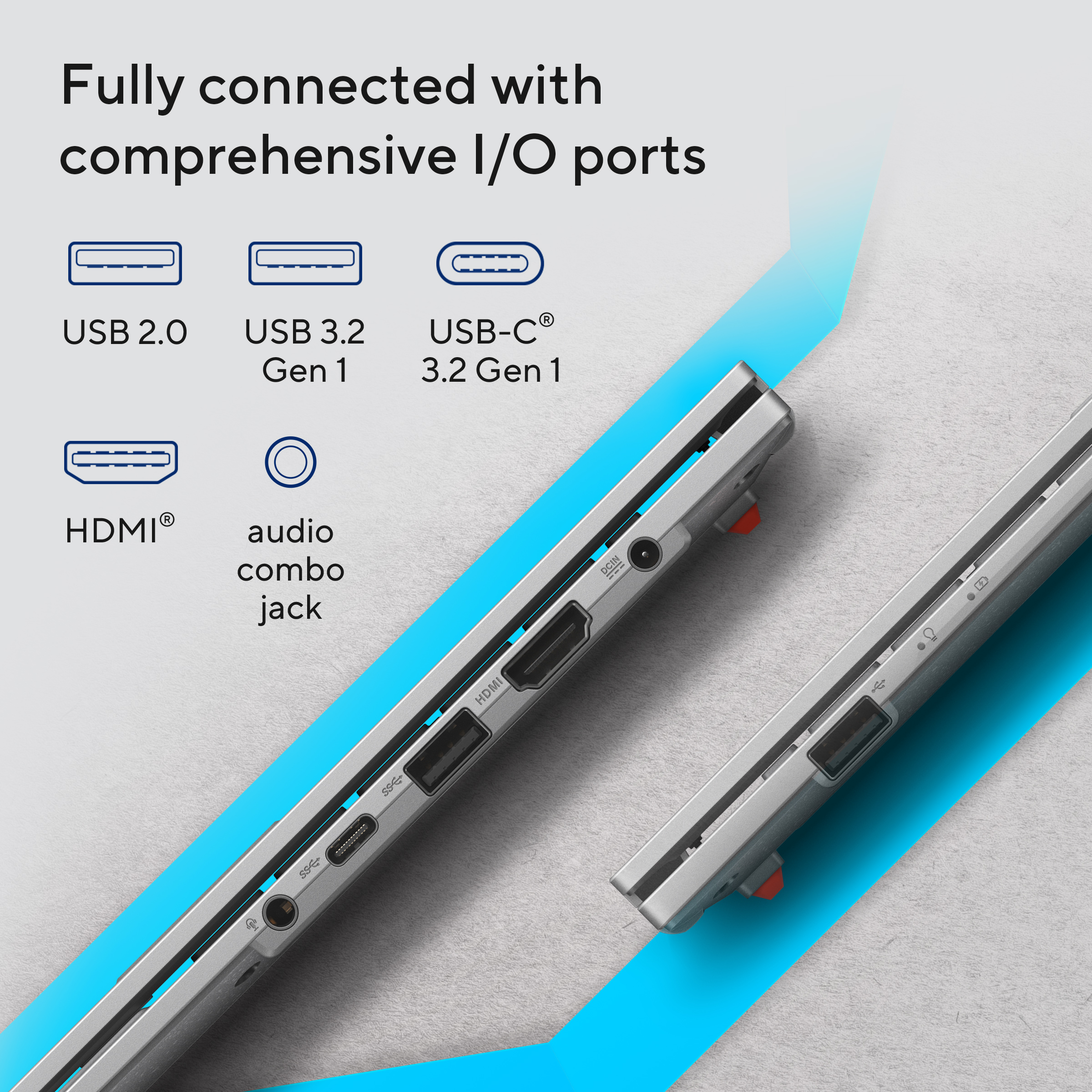 Image shows laptop ports: USB, HDMI, audio jack, and USB-C. Text says fully connected with comprehensive I/O ports.