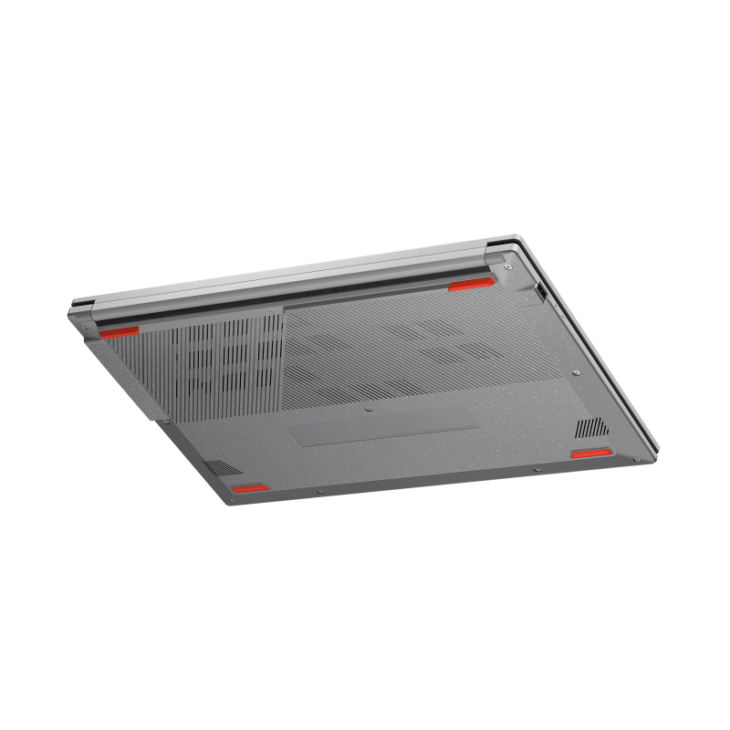 Underside of a laptop. Gray with red accents. Features ventilation, a textured surface, and small red rubber feet.