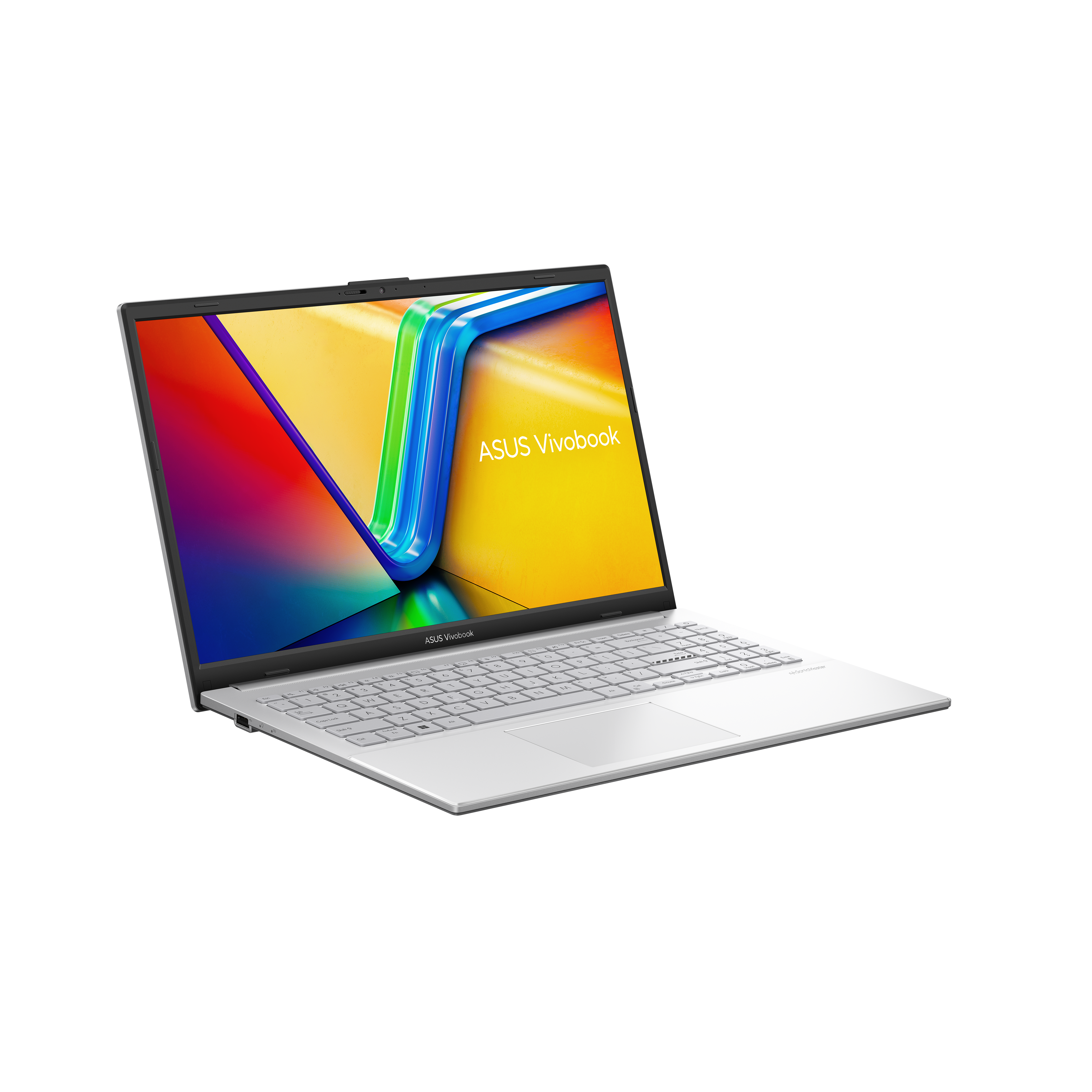 A silver ASUS Vivobook laptop is open on a white surface. The screen displays colorful graphics and the ASUS logo.
