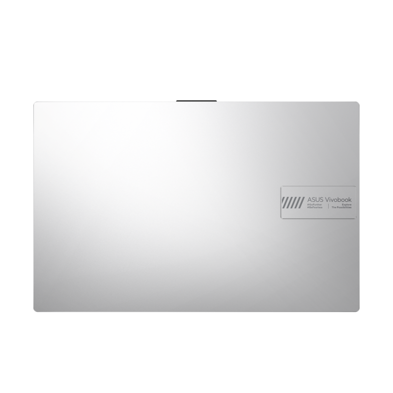 A silver ASUS Vivobook laptop lid is displayed, with the ASUS logo on the right side. The background is black.