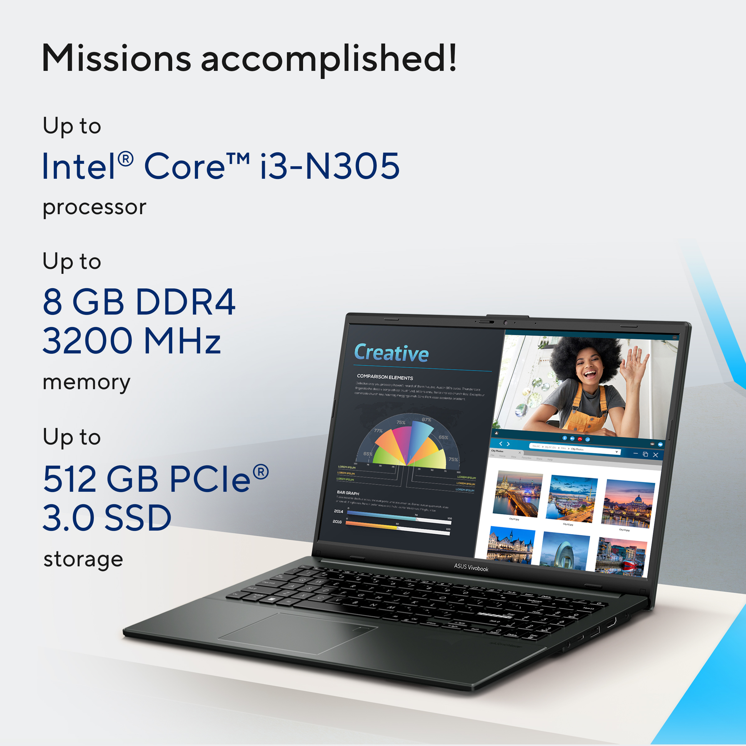 A laptop with a screen showing a woman, specs listed. Text includes Intel Core i3, 8GB DDR4, and 512GB SSD.