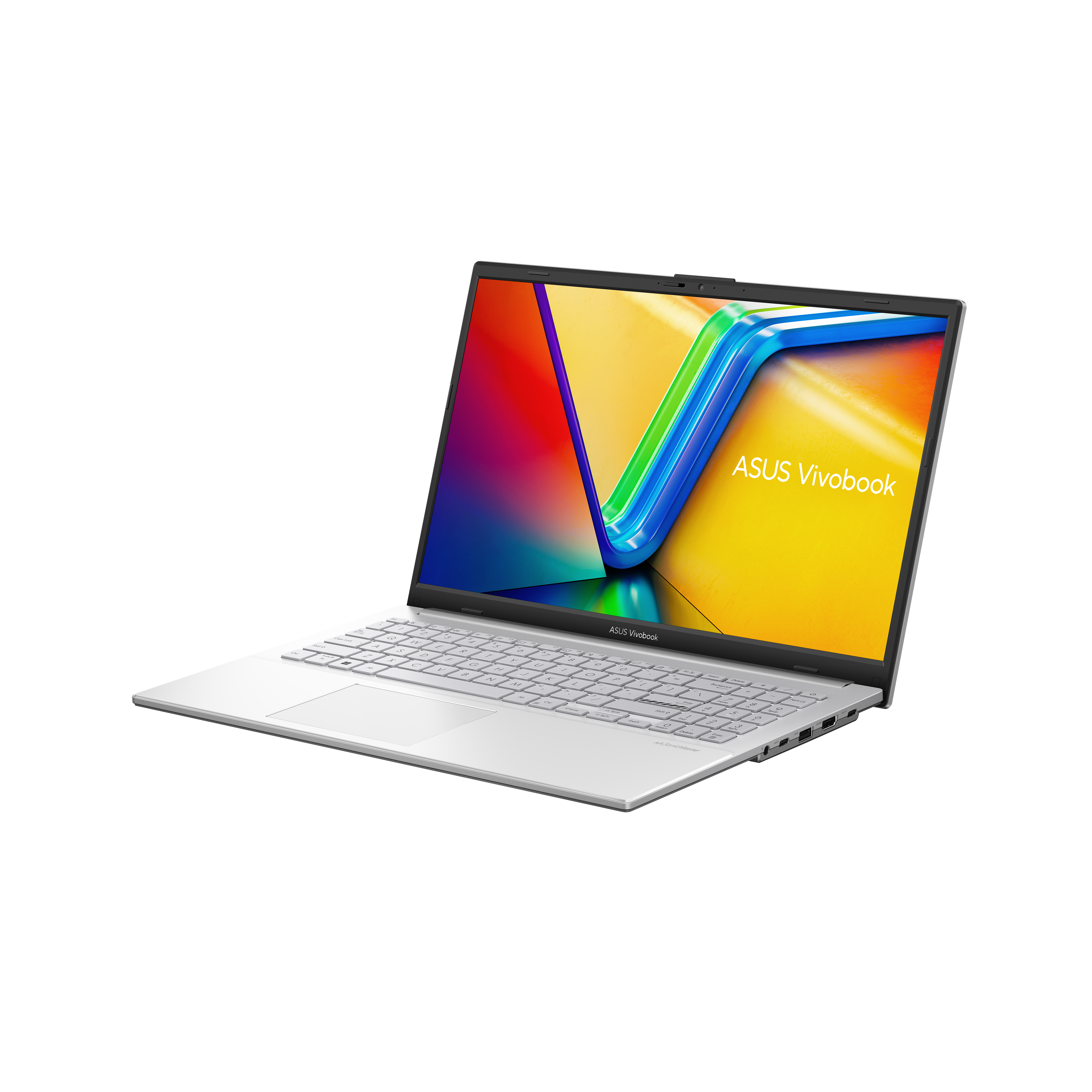 A silver ASUS Vivobook laptop is open. The screen displays colorful graphics. The background is black.