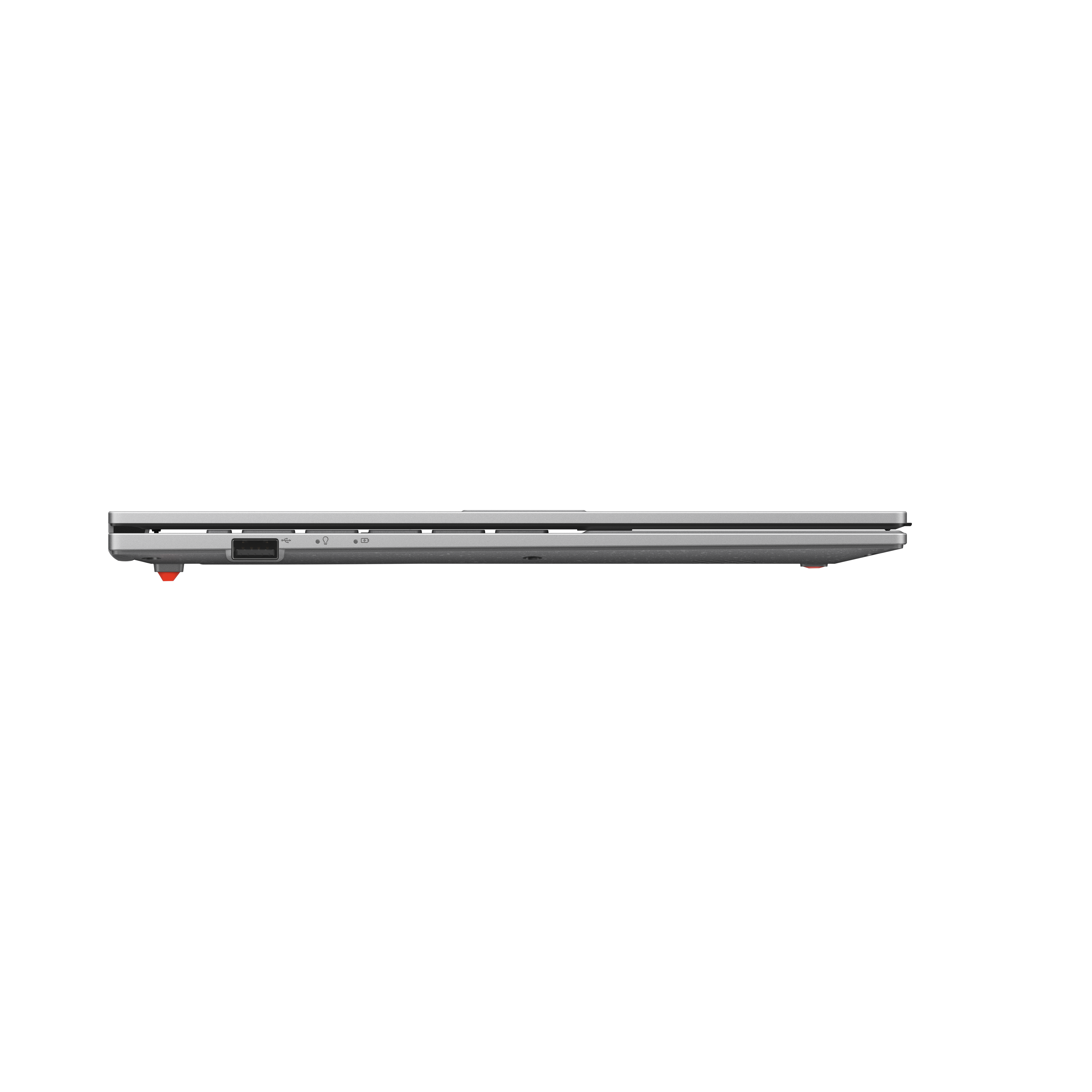Side view of a silver laptop on a white background. Ports are visible. Red accents on the edges.