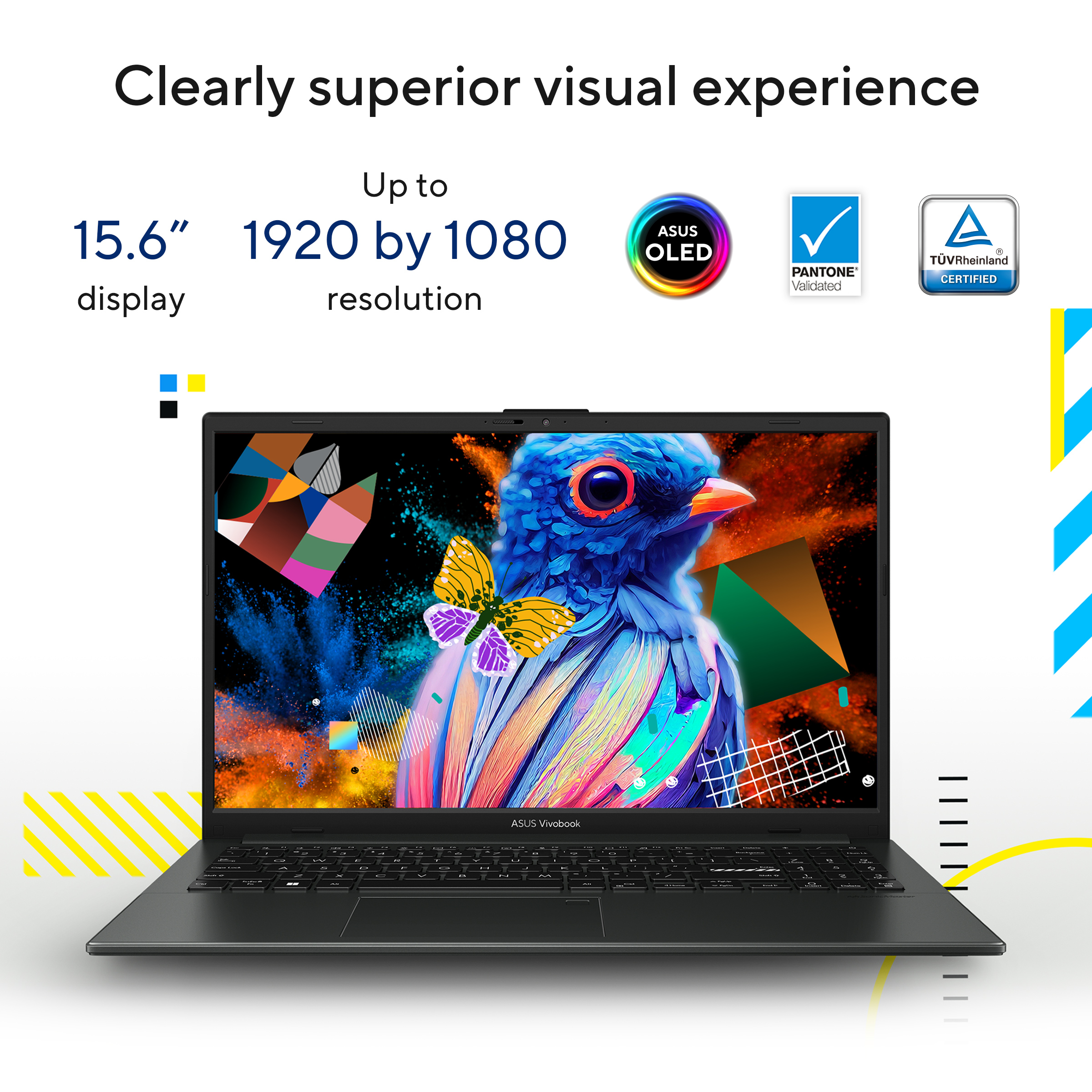 Laptop with a colorful screen. ASUS OLED logo, Pantone validation, and TÜV Rheinland Certified. Text: Clearly superior visual experience.