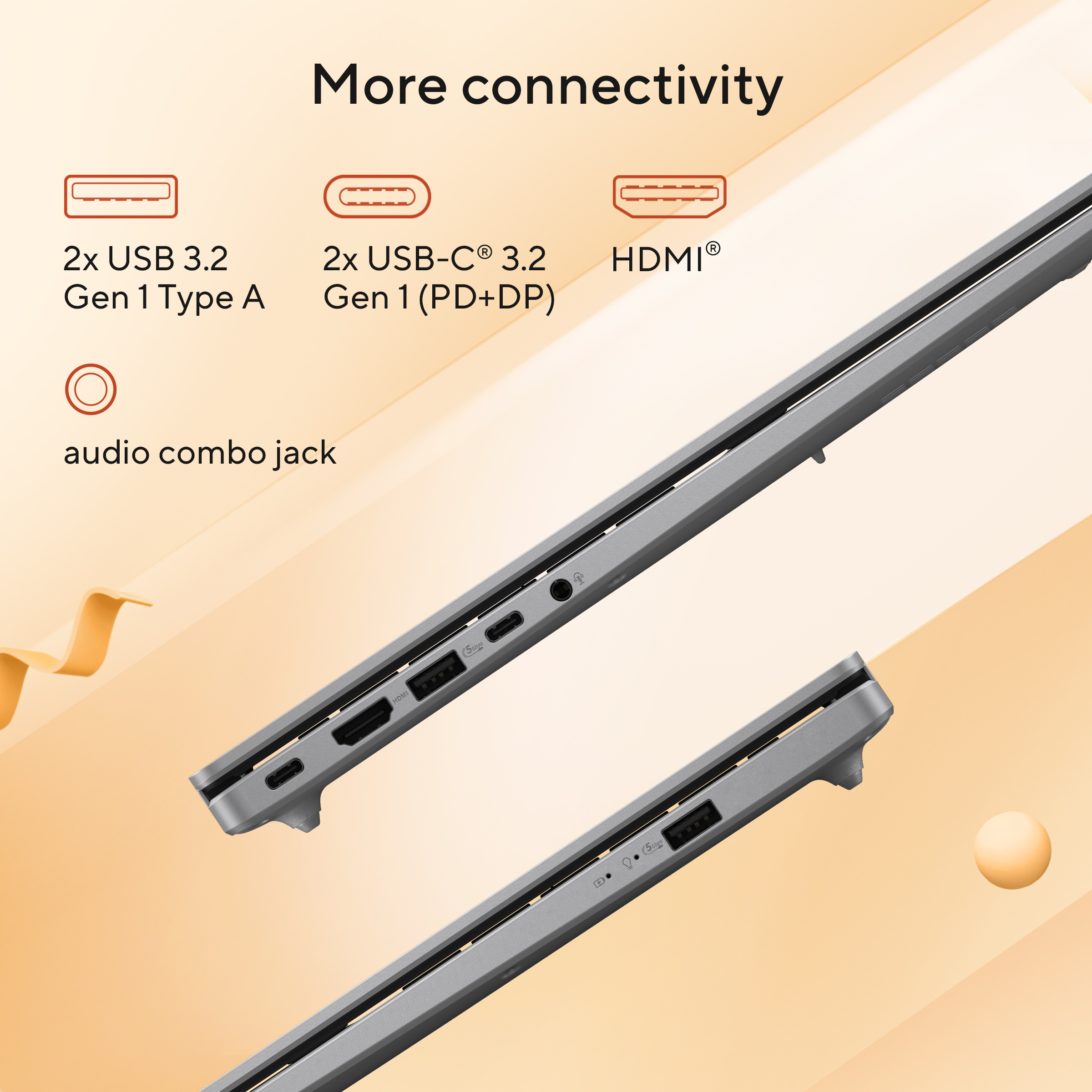 Image shows laptop ports: USB, USB-C, and HDMI.  Text labels describe each port type for connectivity.
