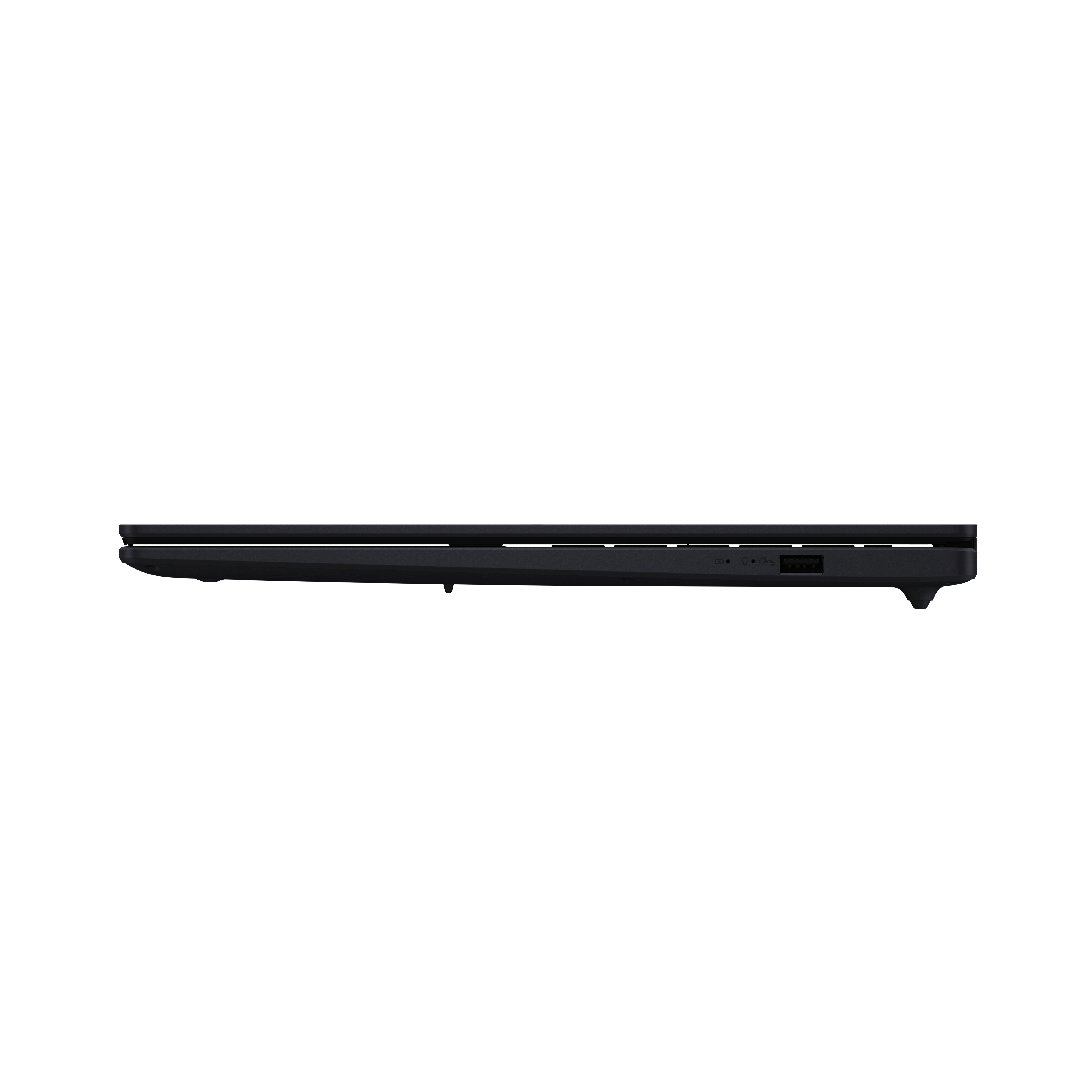 Side view of a black laptop. Visible ports include USB and power, against a black background.