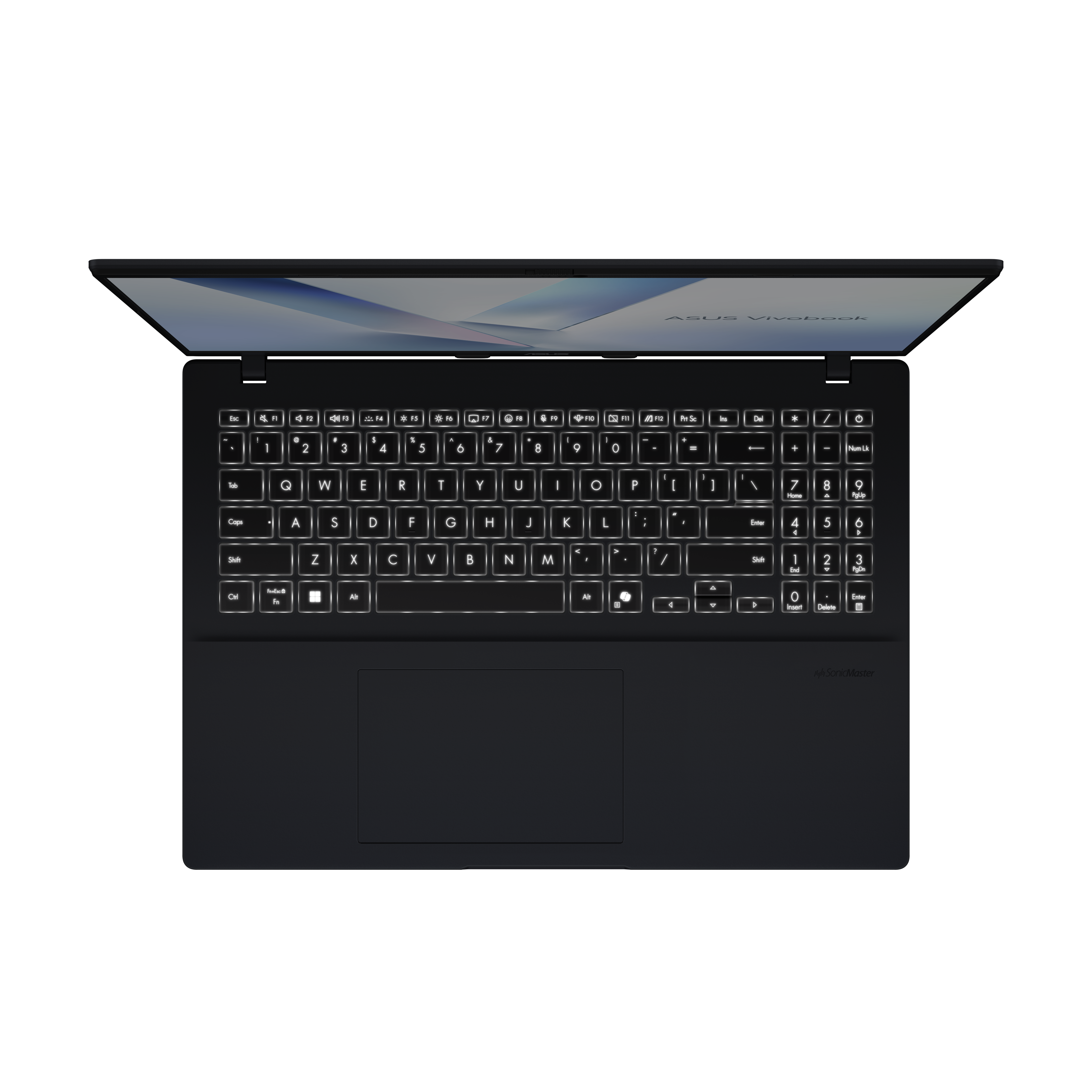 A black laptop with a lit keyboard and screen open. The screen displays ASUS Vivobook.