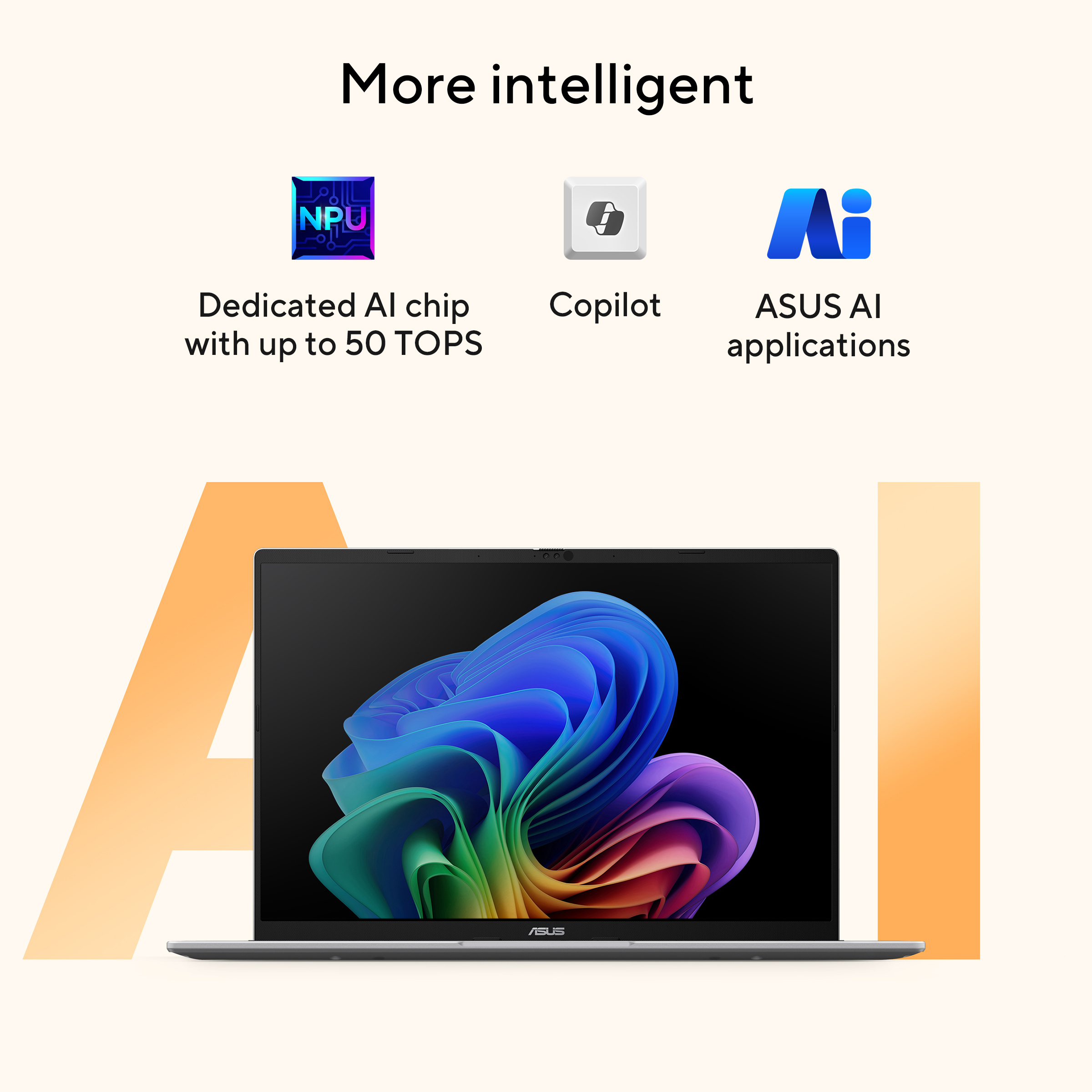 A laptop with a colorful screen, AI features, and NPU chip icons. Text: More intelligent, Dedicated AI chip.