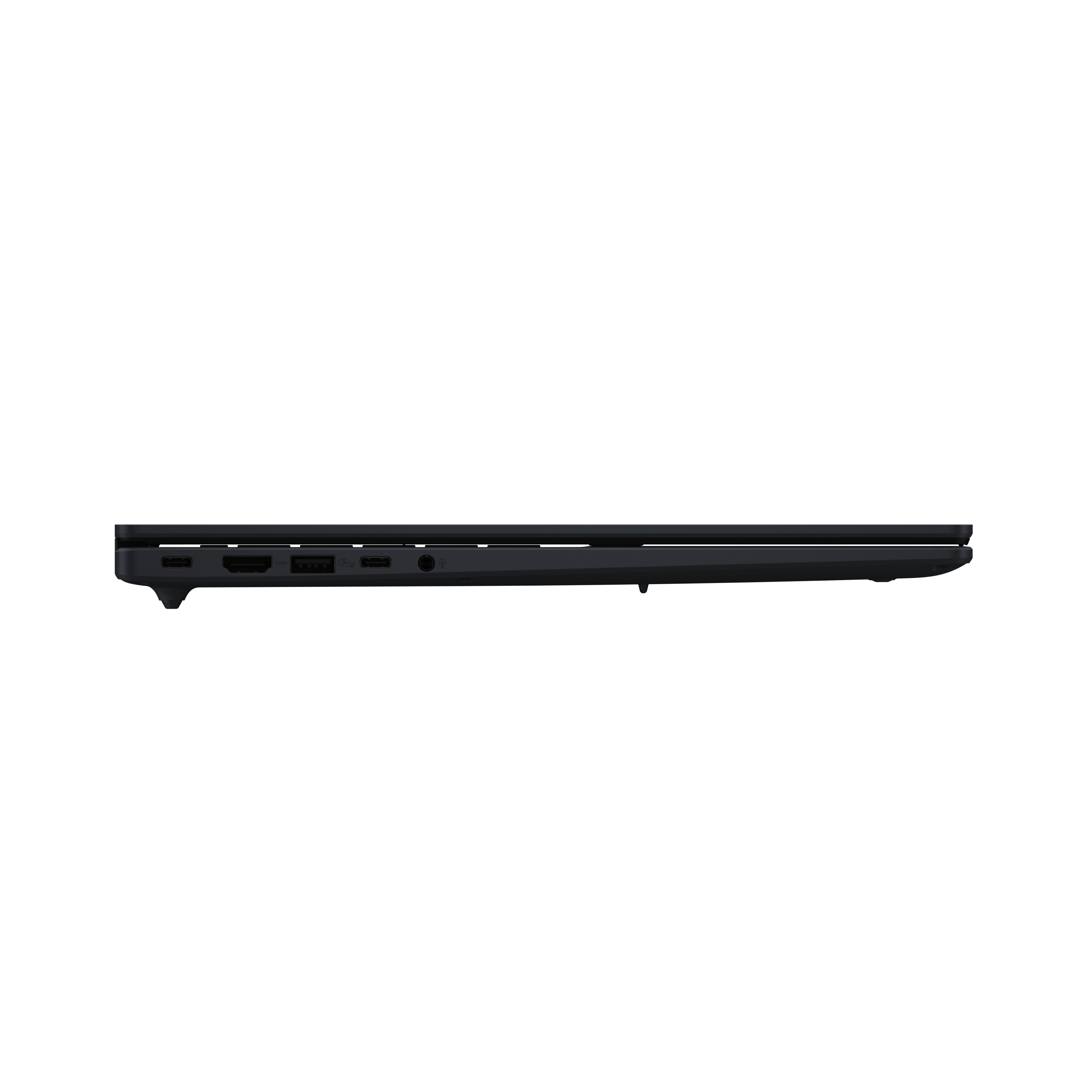 Side view of a black laptop with ports visible. Ports include USB-C, HDMI, and others. Background is black.