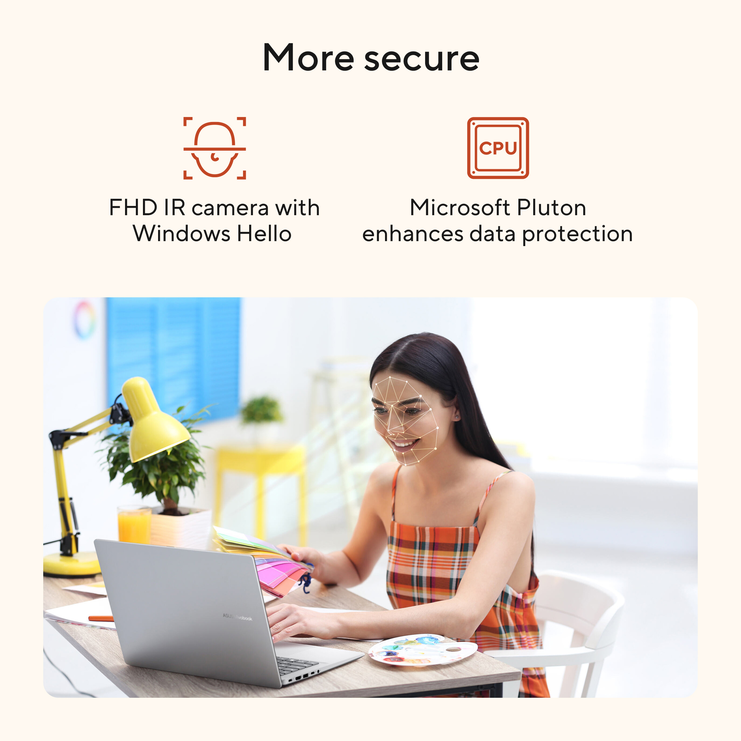 A woman uses a laptop. A yellow lamp, a plant, and color swatches are on the desk. The text says 'More secure'.