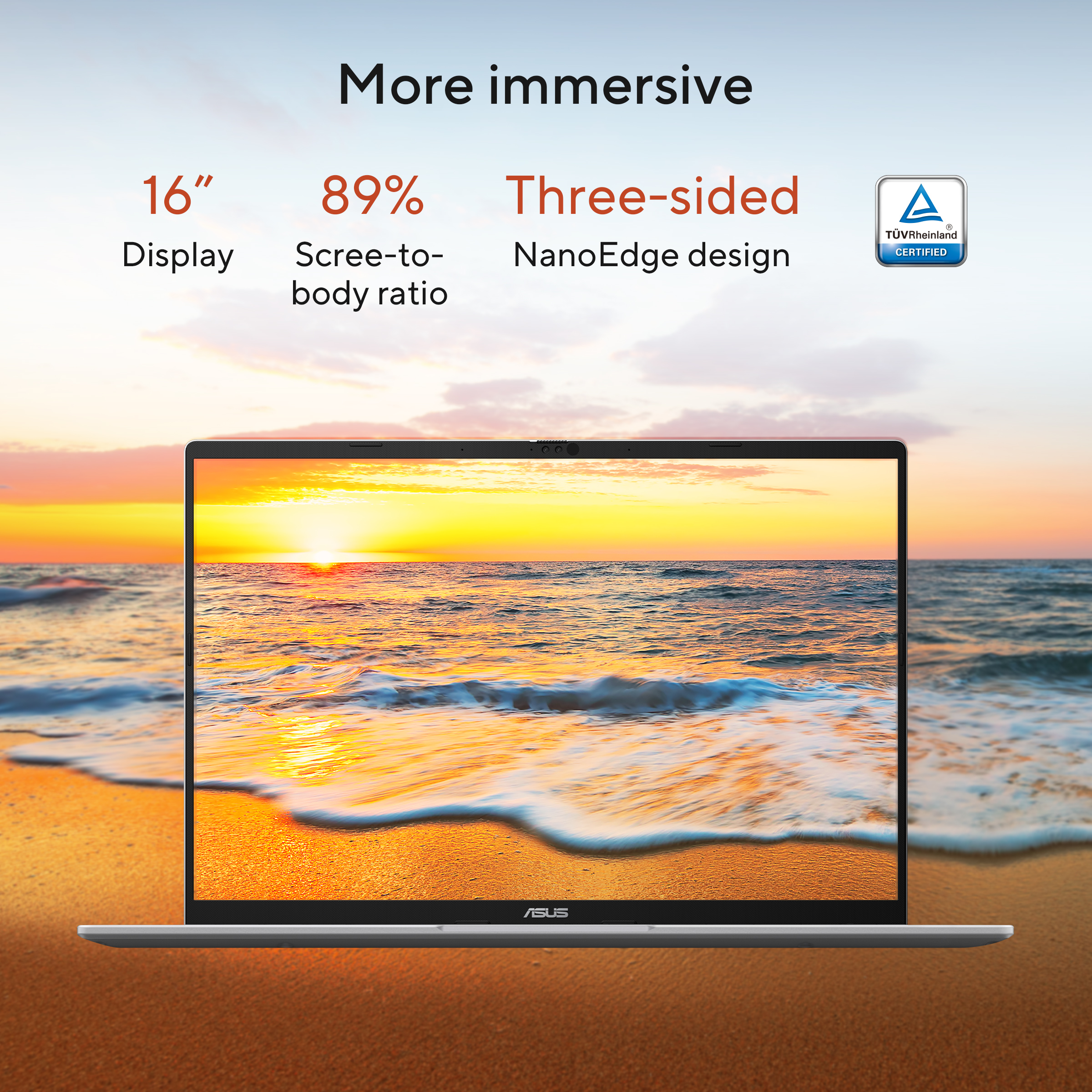 Laptop showing a beach scene at sunset. Text states: 16" display, 89% screen-to-body, three-sided NanoEdge design.