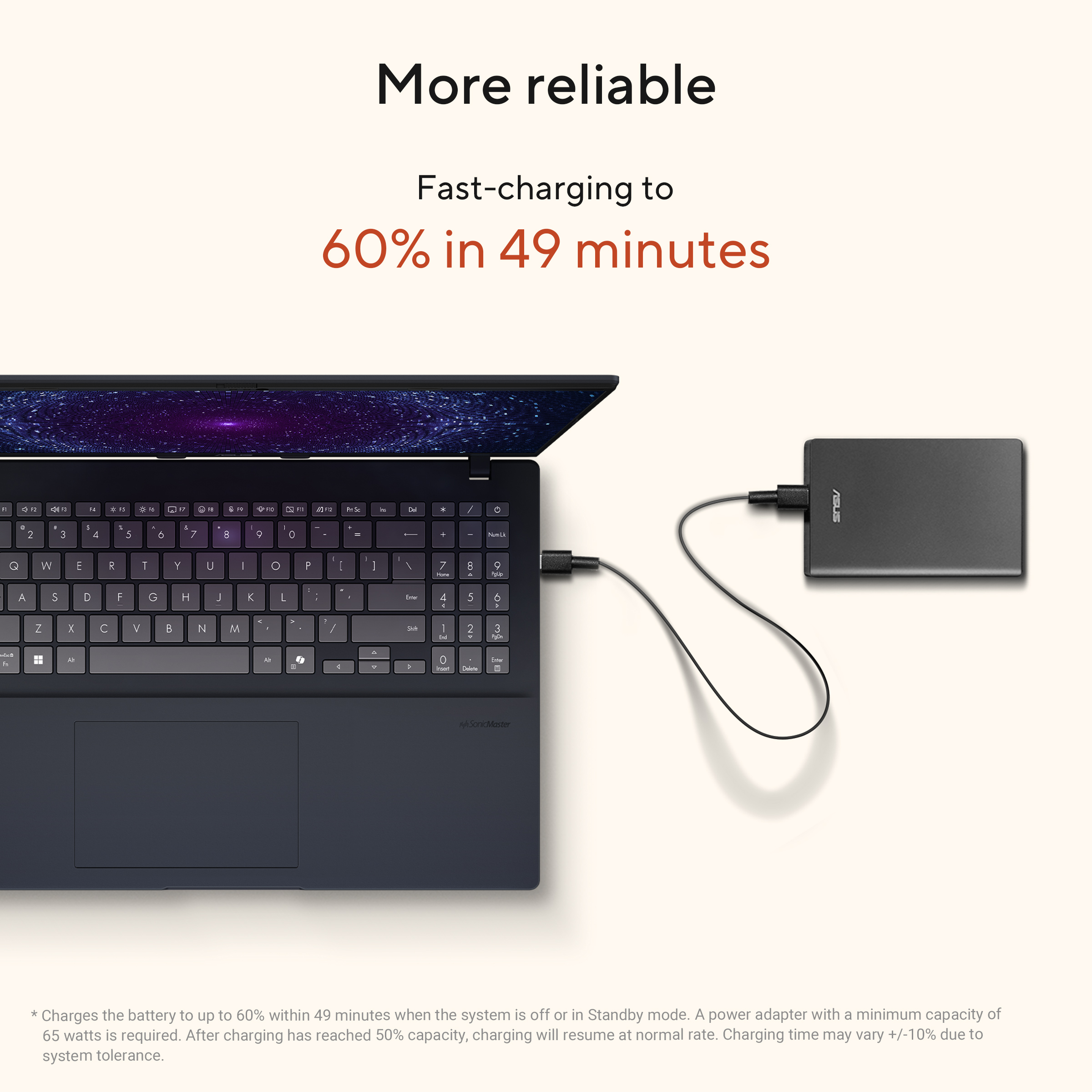 Laptop with keyboard, connected to a power adapter. Text states fast-charging to 60% in 49 minutes.