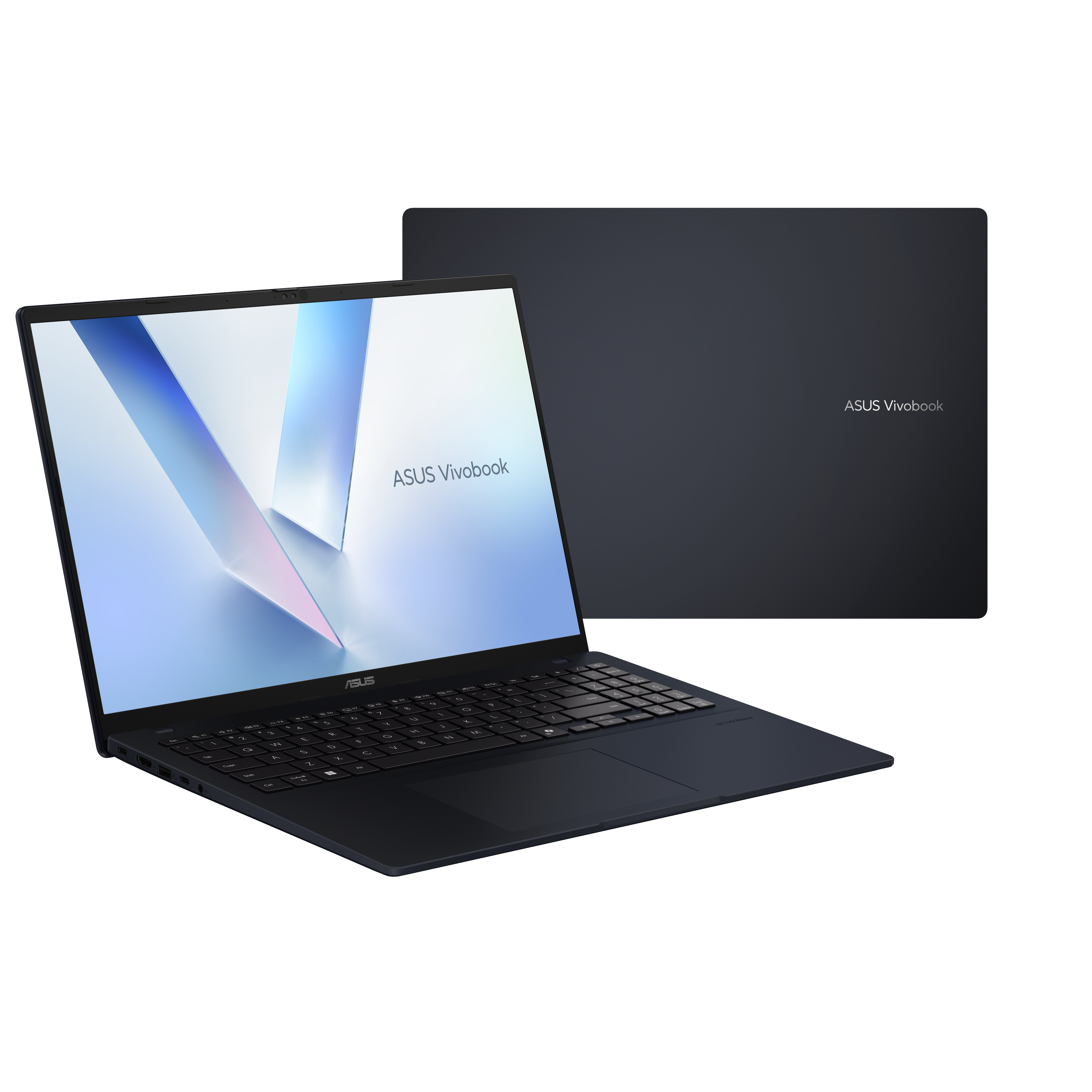 A dark blue ASUS Vivobook laptop is open, displaying a light background and the brand name. The lid is behind it.