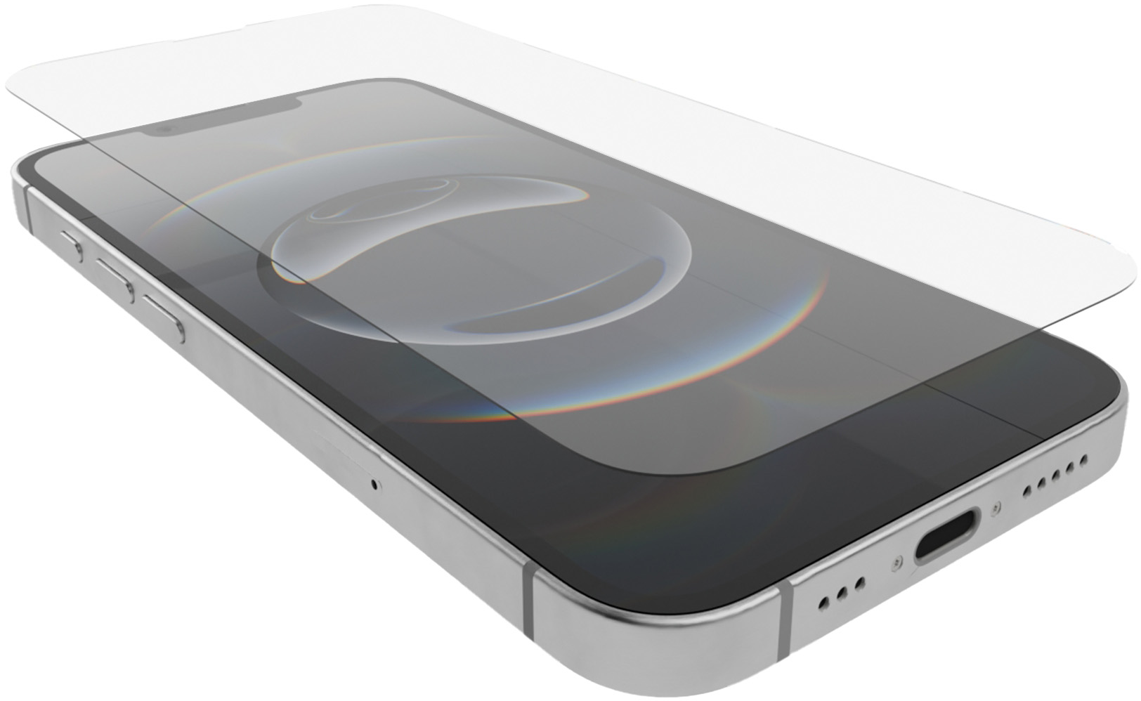 Ein Smartphone mit Displayschutzfolie. Das Telefon ist silberfarben, der Schutz transparent. Der Bildschirm zeigt Reflexionen.