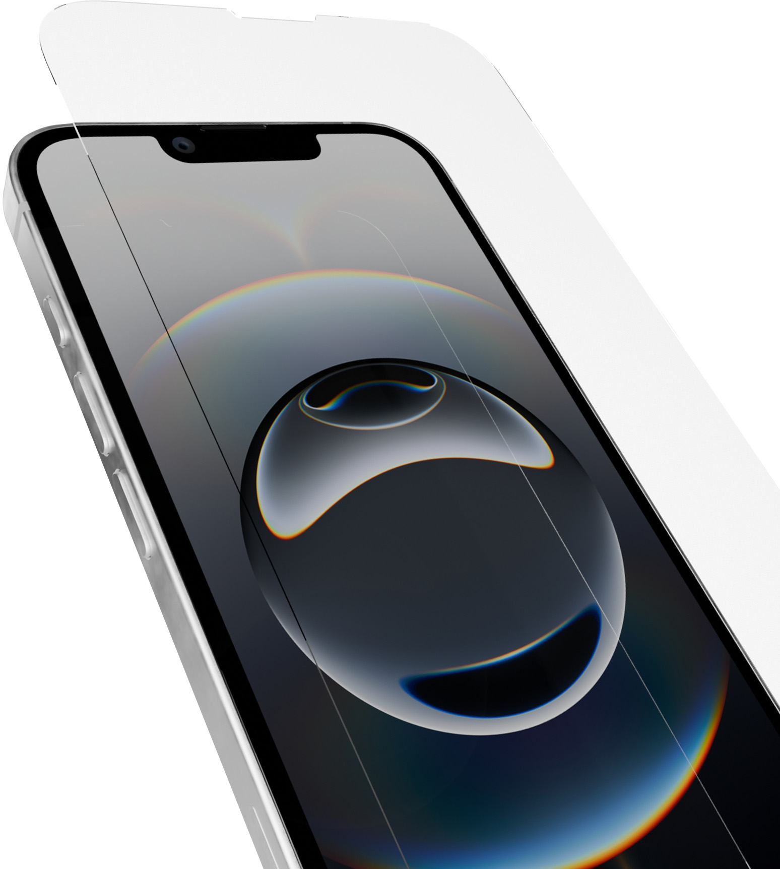 Ein Telefon mit einer Displayschutzfolie. Das Telefon ist silberfarben und hat einen schwarzen Bildschirm. Der Schutz ist klar und teilweise abgezogen.