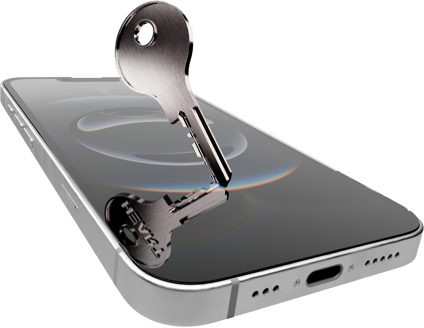 Ein silberner Schlüssel wird in ein Smartphone gesteckt. Die Spiegelung des Schlüssels ist auf dem Bildschirm zu sehen. Das Telefon ist silber.