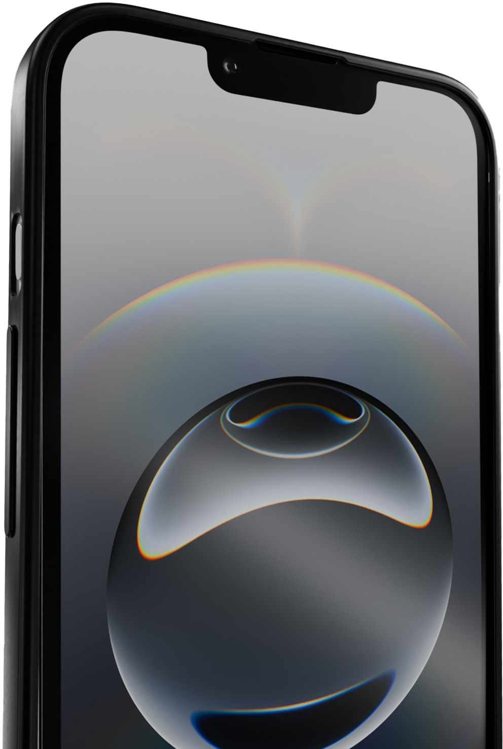 Nahaufnahme eines schwarzen Smartphones, das ein verschwommenes, kugelförmiges Design mit regenbogenartigen Reflexen zeigt.