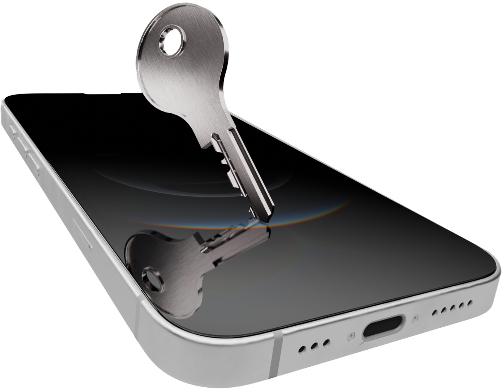 Ein silberner Schlüssel wird in ein Smartphone gesteckt. Das Telefon ist silber und der Bildschirm ist schwarz.