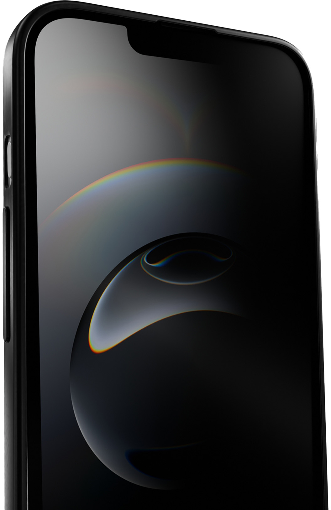 Nahaufnahme eines schwarzen Smartphones mit gebogenem Bildschirm. Auf dem Display ist ein regenbogenartiger Lichteffekt zu sehen.