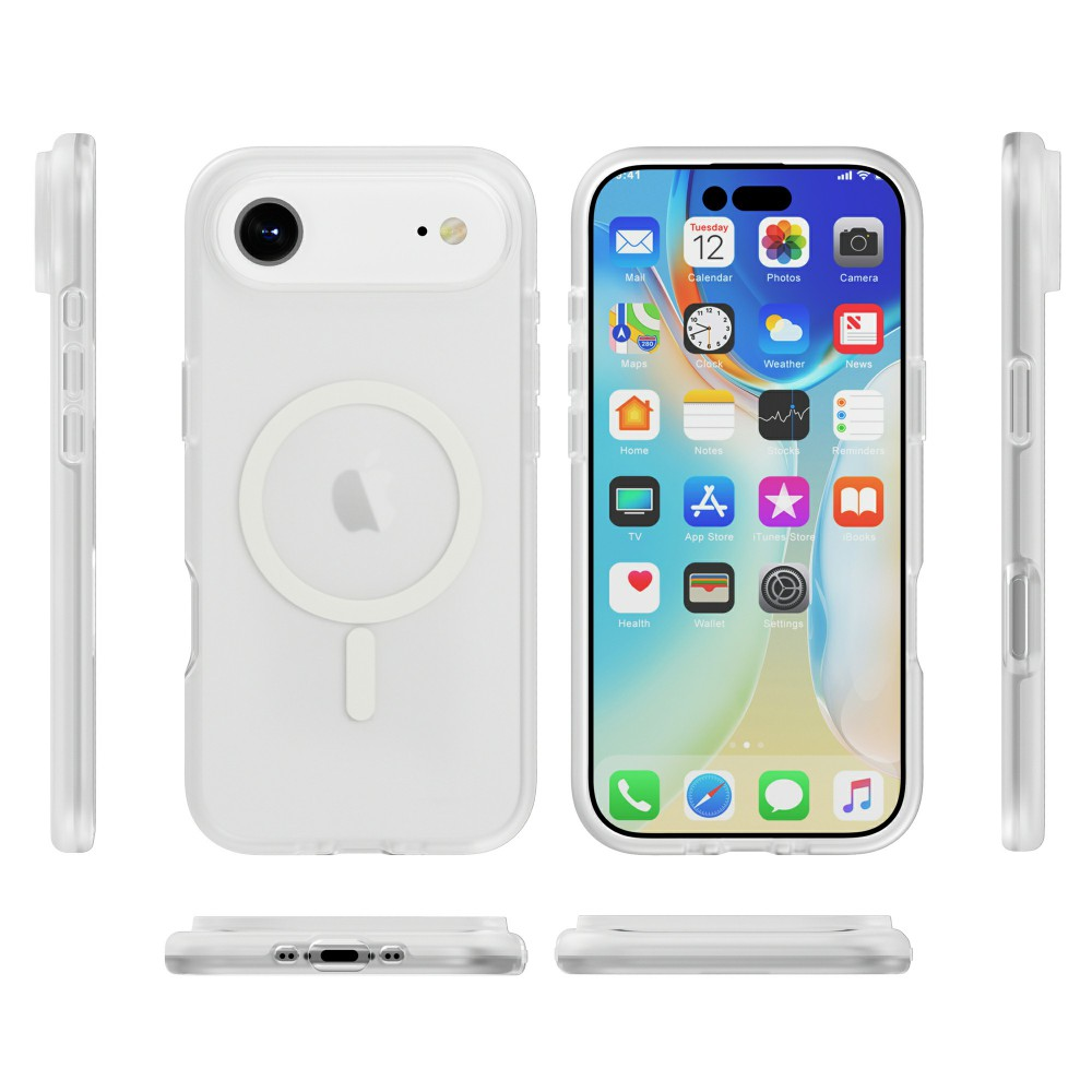 Egy iPhone átlátszó tokban. A képernyőn alkalmazások láthatók. A telefont tokrészek veszik körül.
