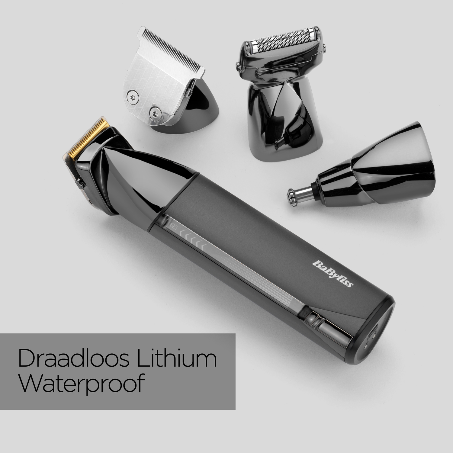 A black Babyliss trimmer with attachments. The text on the image reads 'Draadloos Lithium Waterproof'.