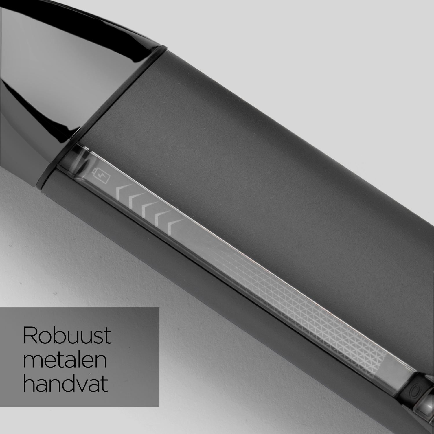 Close-up of a black metal device. A clear, illuminated strip with battery indicators is on the side. The background is light gray.