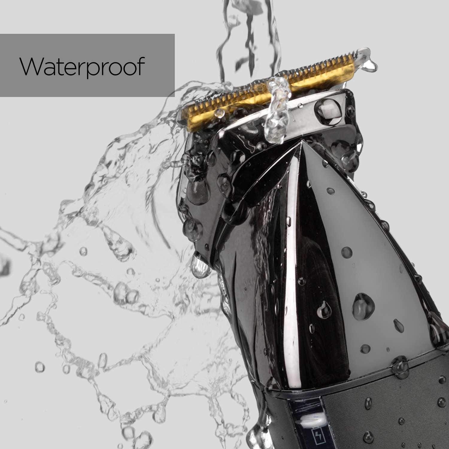 A black electric shaver is shown with water splashing on it. The word 'Waterproof' is in the top left corner.