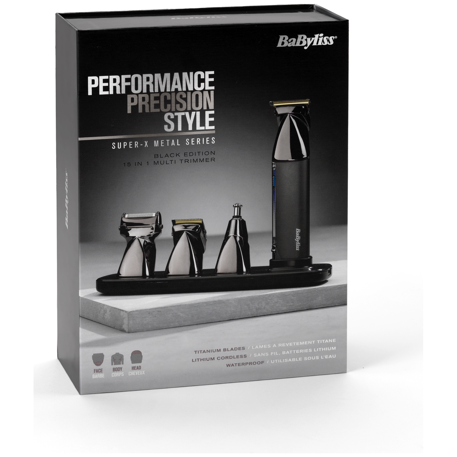 A black Babyliss trimmer set. The box says 'Performance Precision Style', 'Super-X Metal Series', and '15 in 1 Multi Trimmer'.