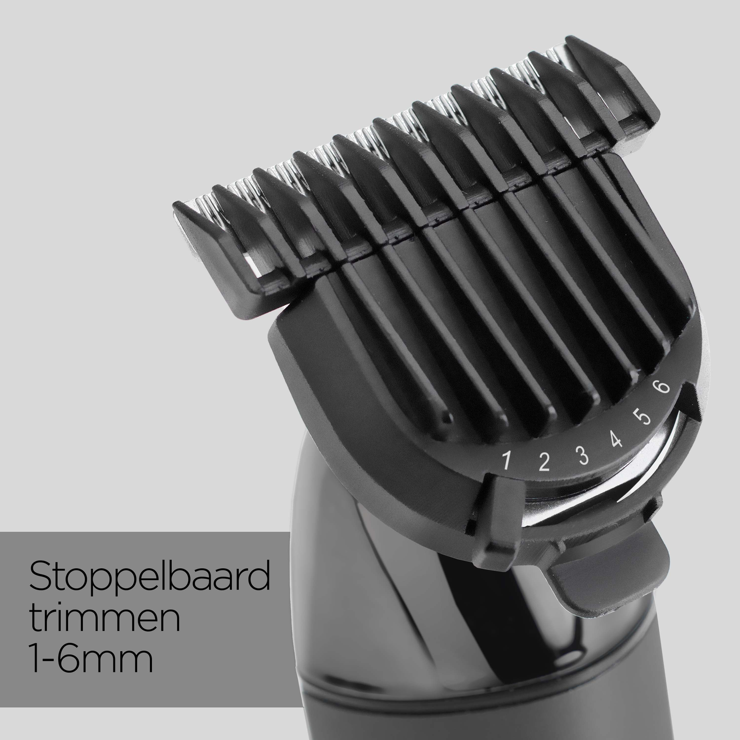 Close-up of a black beard trimmer with numbered settings from 1 to 6. The text 'Stoppelbaard trimmen 1-6mm' is on the left.