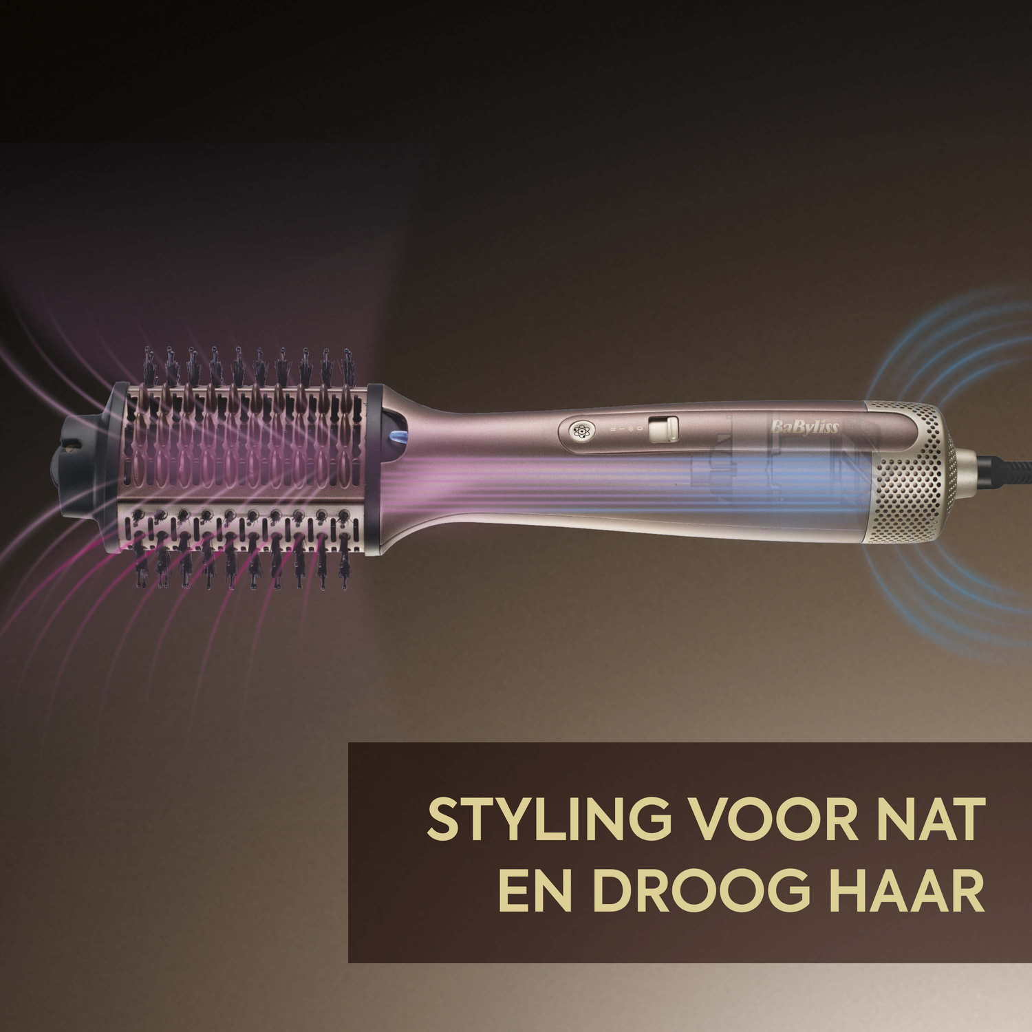 A Babyliss hair styling tool with pink and blue air flow effects. Text says 'Styling voor nat en droog haar'.