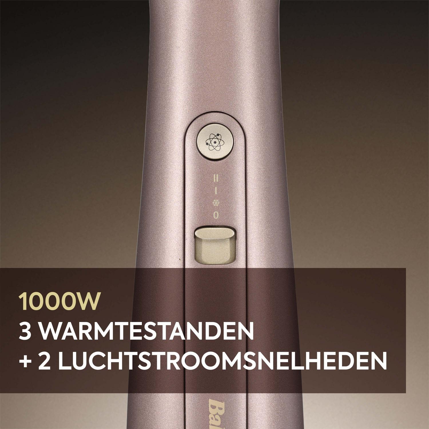 A rose gold hair styling tool with buttons and text indicating 1000W, 3 heat settings, and 2 airflow speeds.