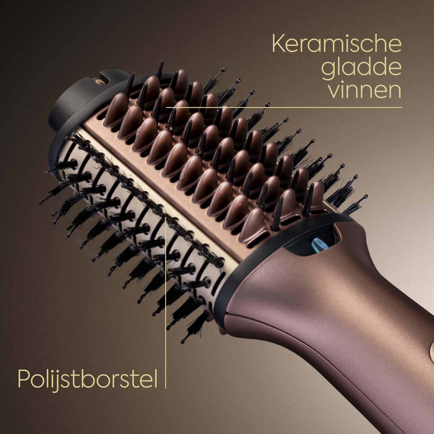 A close-up of a hair styling brush with ceramic plates and bristles. Text labels point to the brush's features.