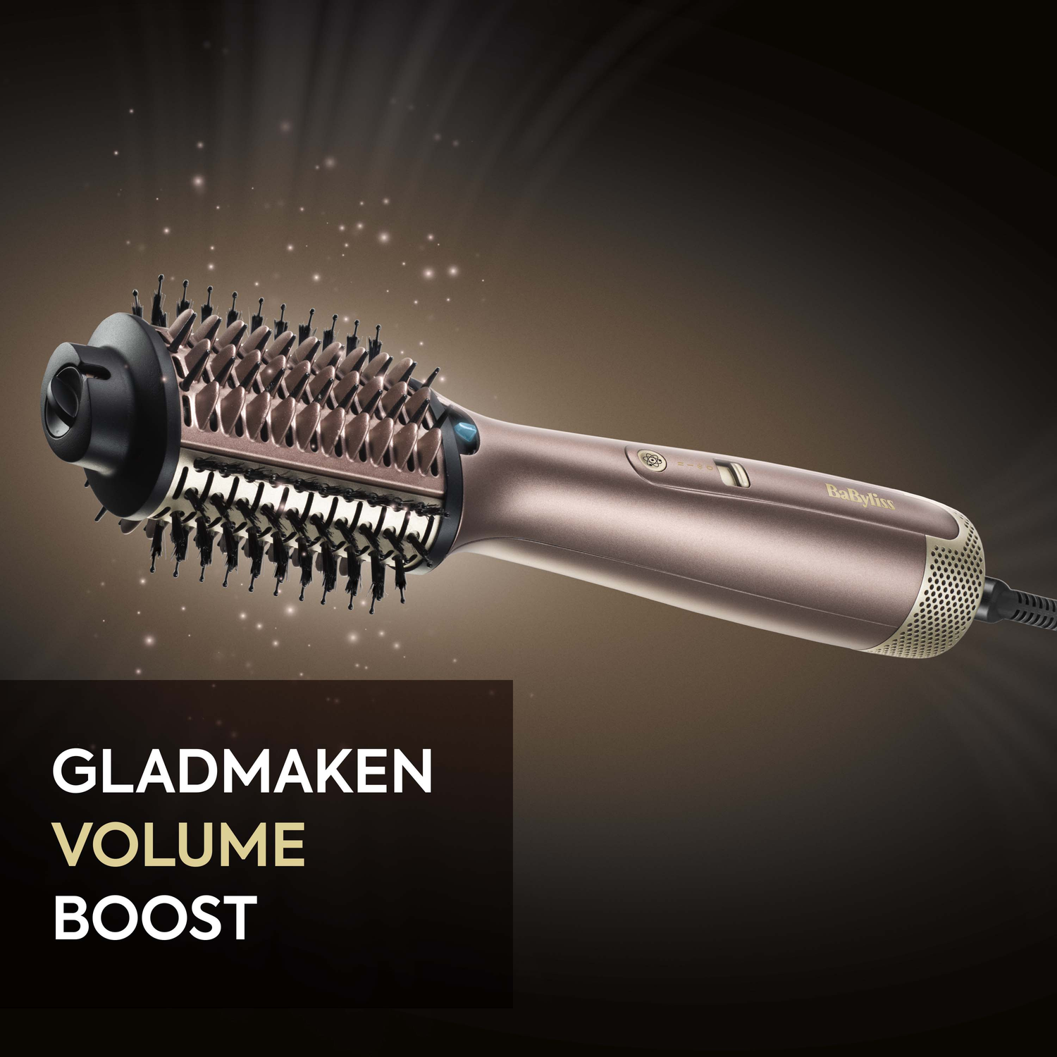 A Babyliss volume boost hair styler. The device is brown with black bristles, and it is set against a dark background with text.