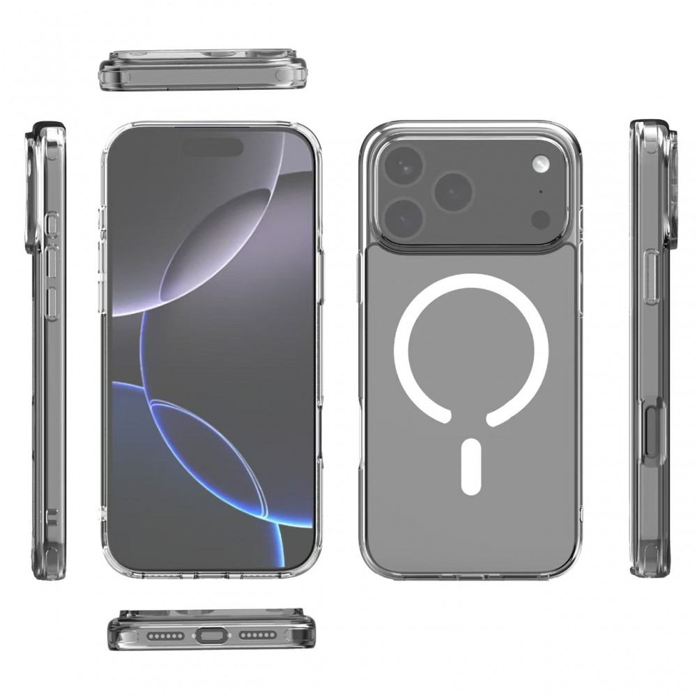 Átlátszó telefontok fehér mágneses töltési szimbólummal. Az iPhone a tokban, gradiens képernyővel. Több szögből.