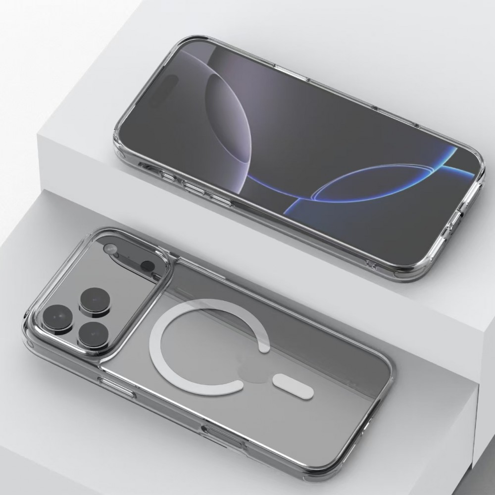 Két átlátszó telefontok egy telefonnal. Az egyik tok felül van. A másikon egy fehér kör és egy kis téglalap látható.