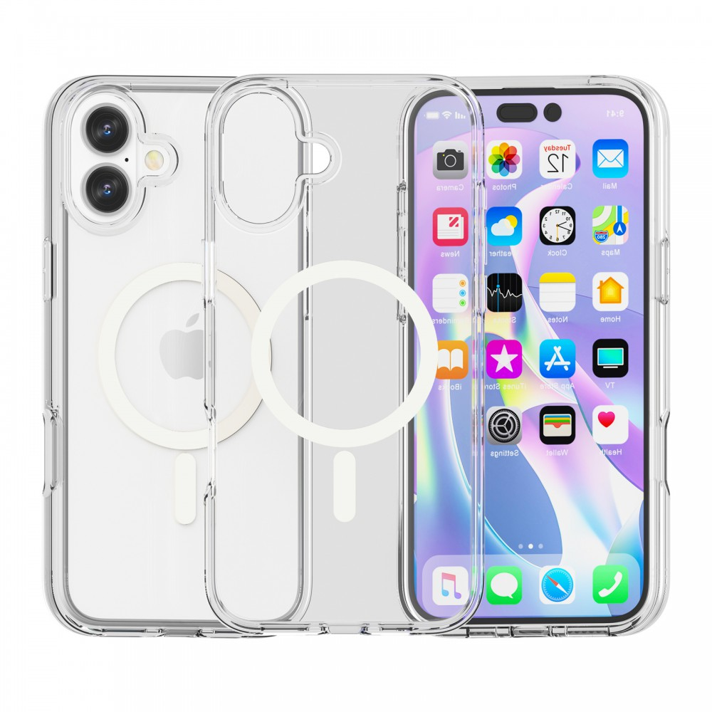Átlátszó telefontok egy iPhone-nal. A képernyőn alkalmazásikonok láthatók. A tok fehér gyűrűvel rendelkezik a MagSafe számára.