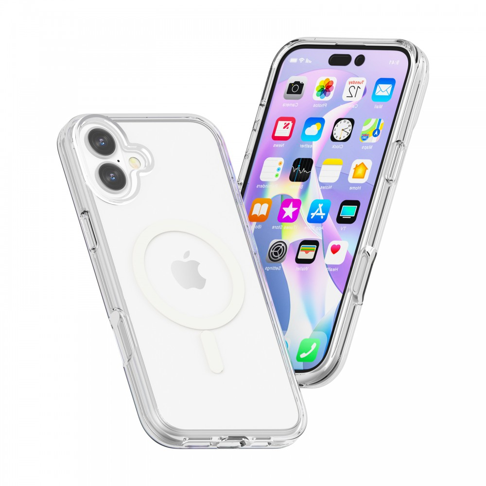 Két átlátszó telefontok és egy iPhone. Az iPhone alkalmazásokat jelenít meg. Az egyik tok a telefonon van, a másik mellette.