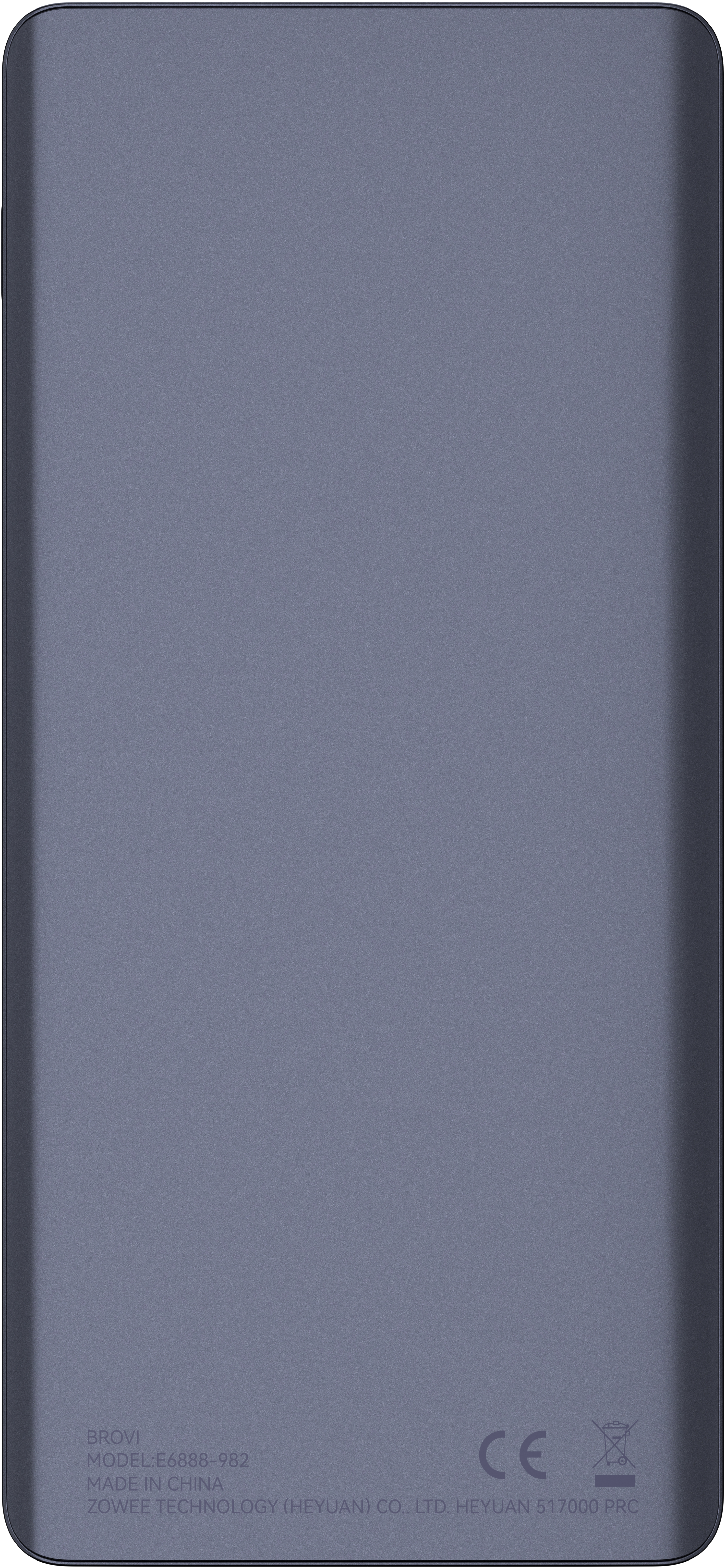 Szürke power bank lekerekített sarkokkal. Az alsó szöveg tartalmazza a márkát, a modellt és a gyártási adatokat.